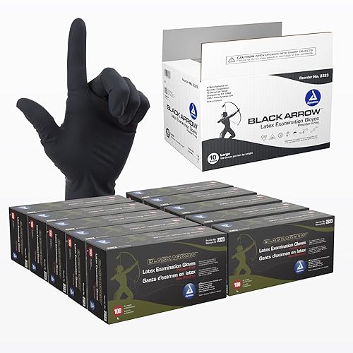 Dynarex Black Arrow Disposable Latex Exam Gloves, Powder-Free, For Healthcare, Law Enforcement, Tattoo, Salon or Spa, Black 10 Boxes of 100 (Large)