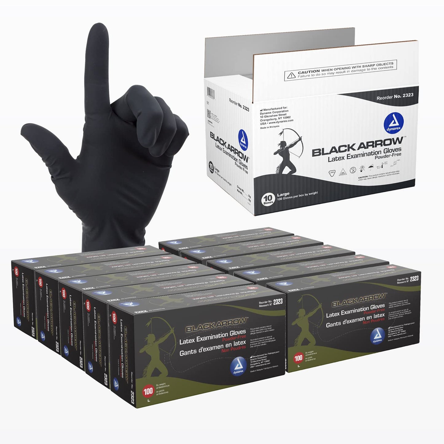 Dynarex Black Arrow Disposable Latex Exam Gloves, Powder-Free, For Healthcare, Law Enforcement, Tattoo, Salon or Spa, Black 10 Boxes of 100 (Large)