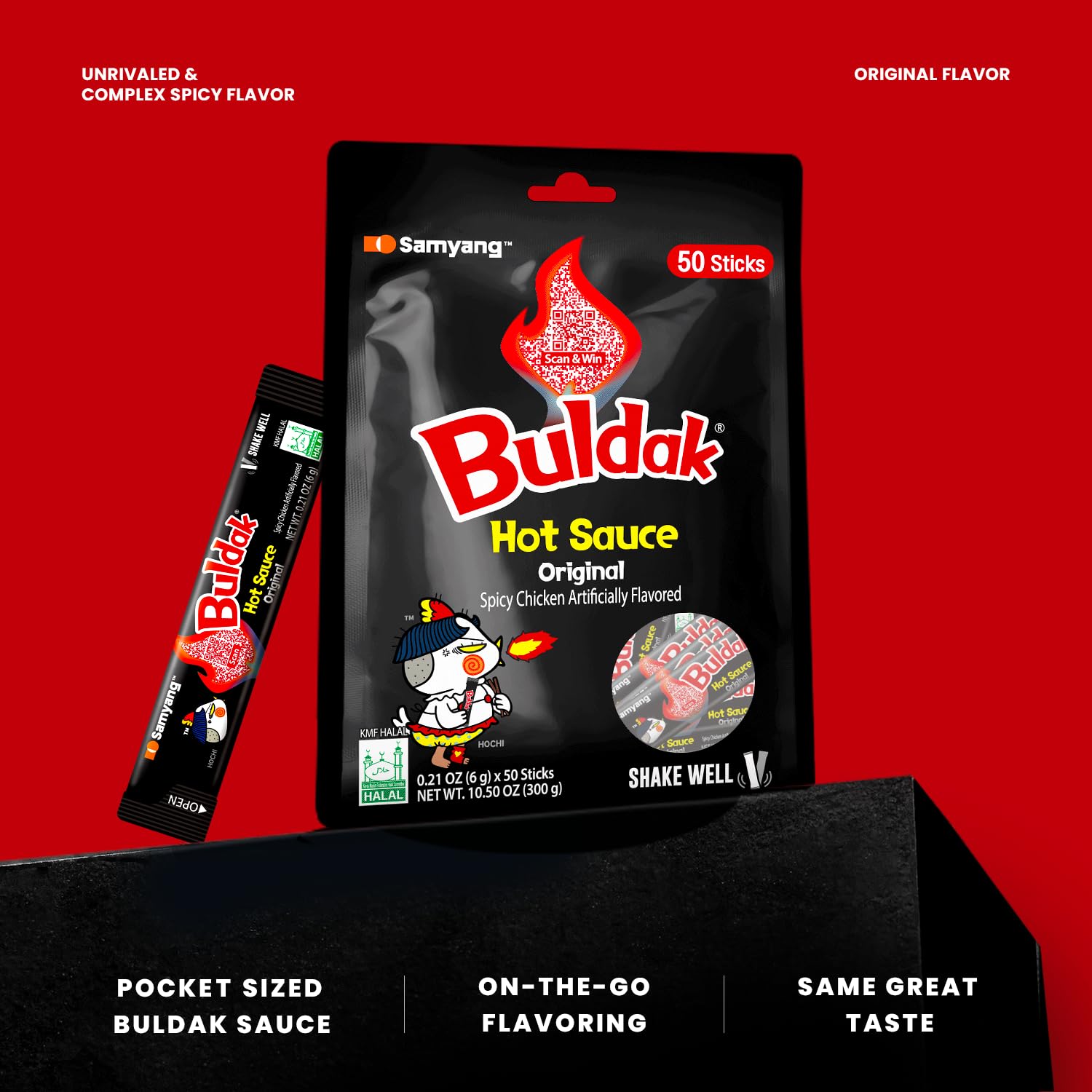 Samyang Buldak Korean Spicy Hot Chicken Stick Sauce Original Flavor Authentic Korean Sauce for Ramen Snacks and Dipping 0.17 fl oz (Pack of 50)