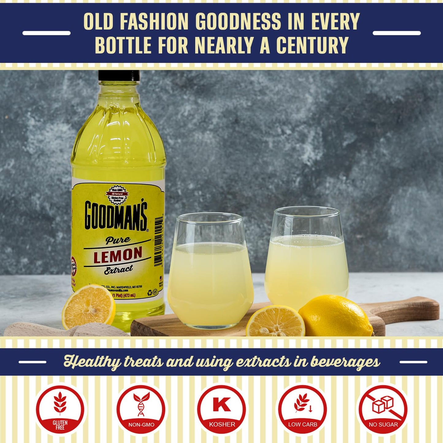 Goodman's Pure Lemon Extract - Pure, Gluten-Free, Non-GMO, Kosher - Flavor Enhancer for Baking, Cooking, and Beverages - Low Carb & Calorie, No