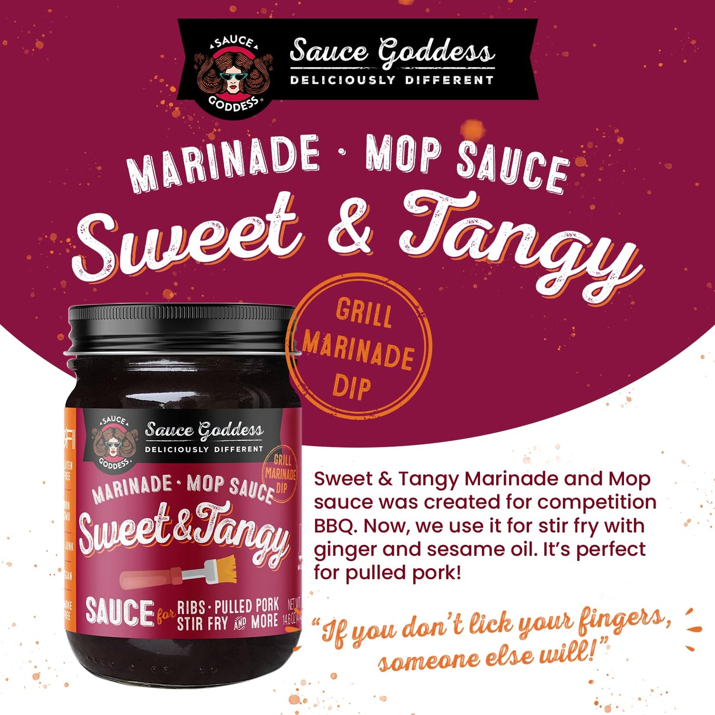 Sauce Goddess - Sweet & Tangy Marinade and Mop Sauce - BBQ Sauce for Pulled Pork & More, No MSG, Tangy Apple Cider Vinegar & Brown Sugar - 14.6oz