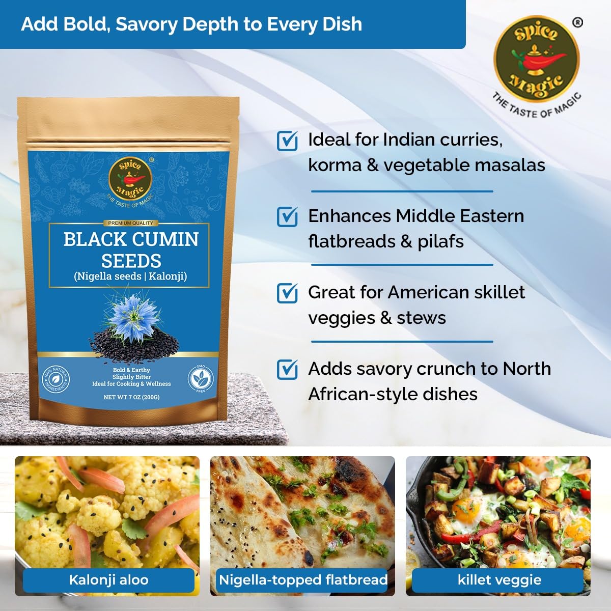 Spice Magic Whole Nigella Seeds I Black Cumin Seeds 7 oz (200G) I Premium Quality with Nutty, Peppery Flavor, Perfect for Breads, Curries, Salads