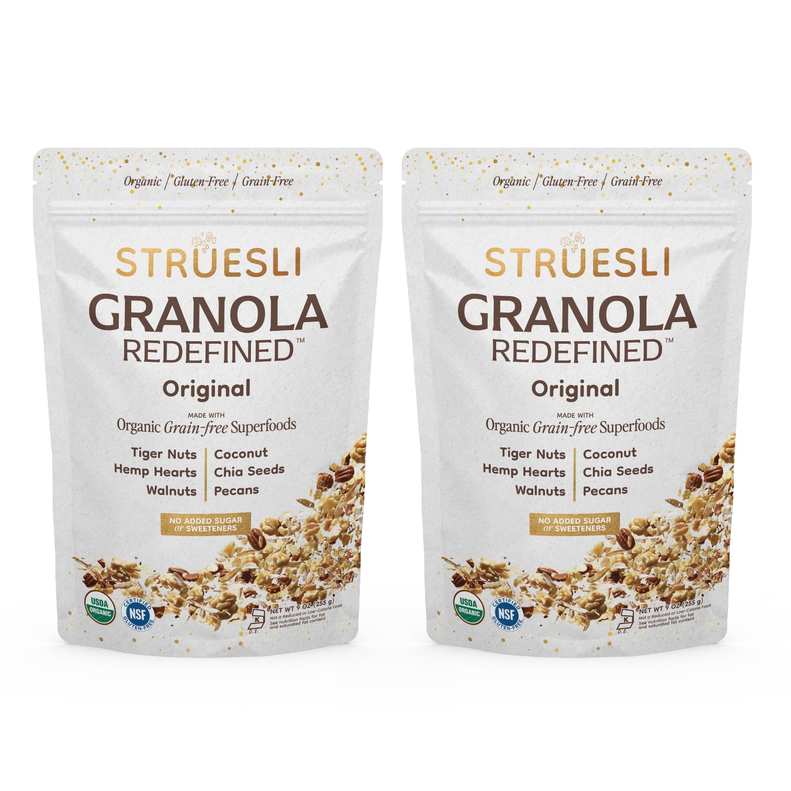 Struesli Original Organic Granola, Grain & Gluten Free, Healthy Snacks with Chia Seeds, Nuts & Sea Salt, Prebiotic High Fiber Food for Yogurt, Cereal