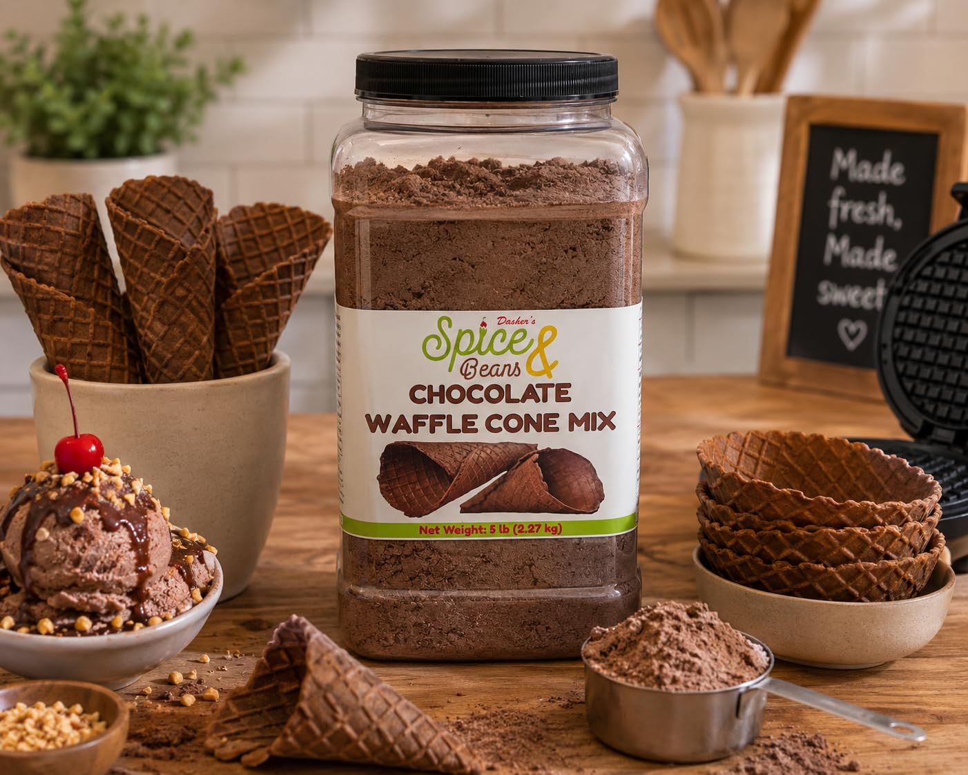 Chocolate Waffle Cone Mix | Homemade Waffle Cones, Waffle Bowls & Dessert Shells | Easy Just-Add-Water Recipe | 5 lb Bulk Container | Dasher’s Spice & Beans
