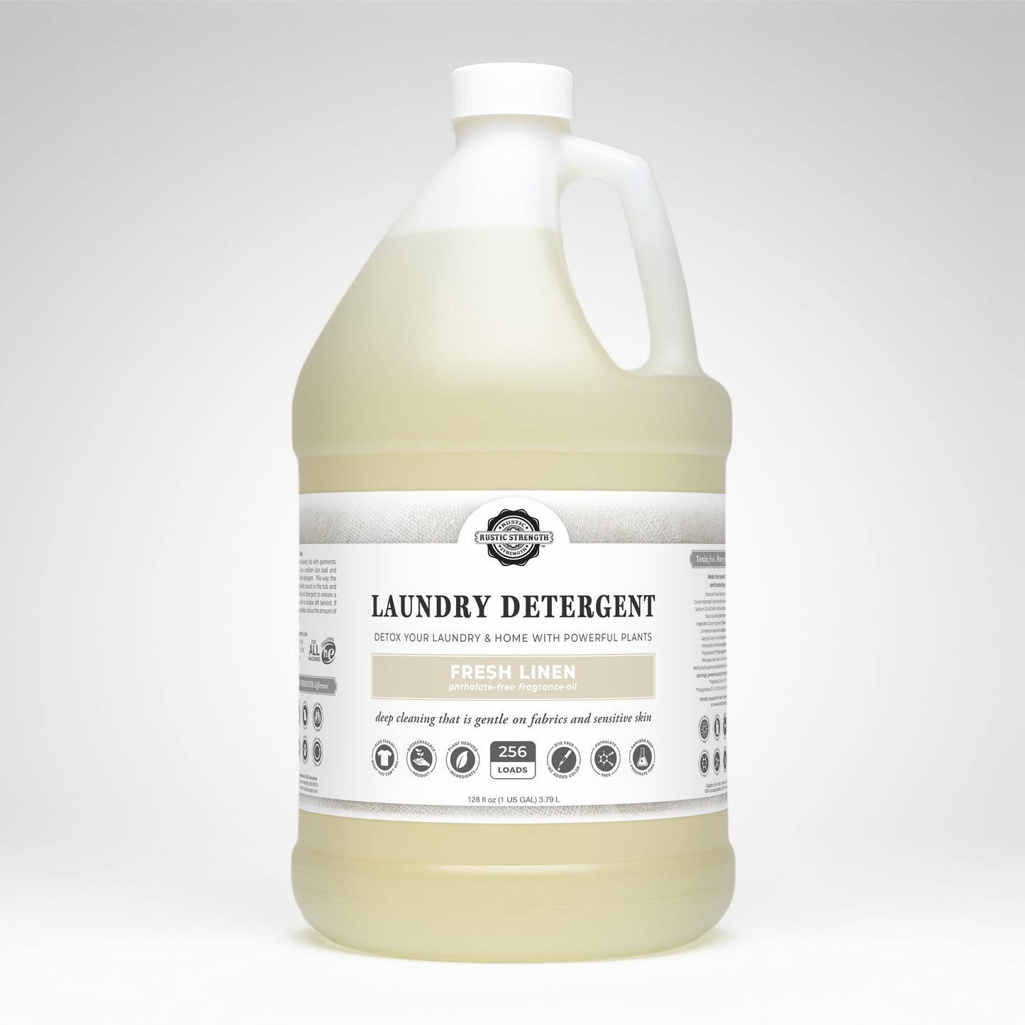 Rustic Strength Natural Laundry Detergent, Fresh Linen Scent, Liquid, Color Safe, Sensitive Skin, HE Compatible, 1 Gallon Plastic