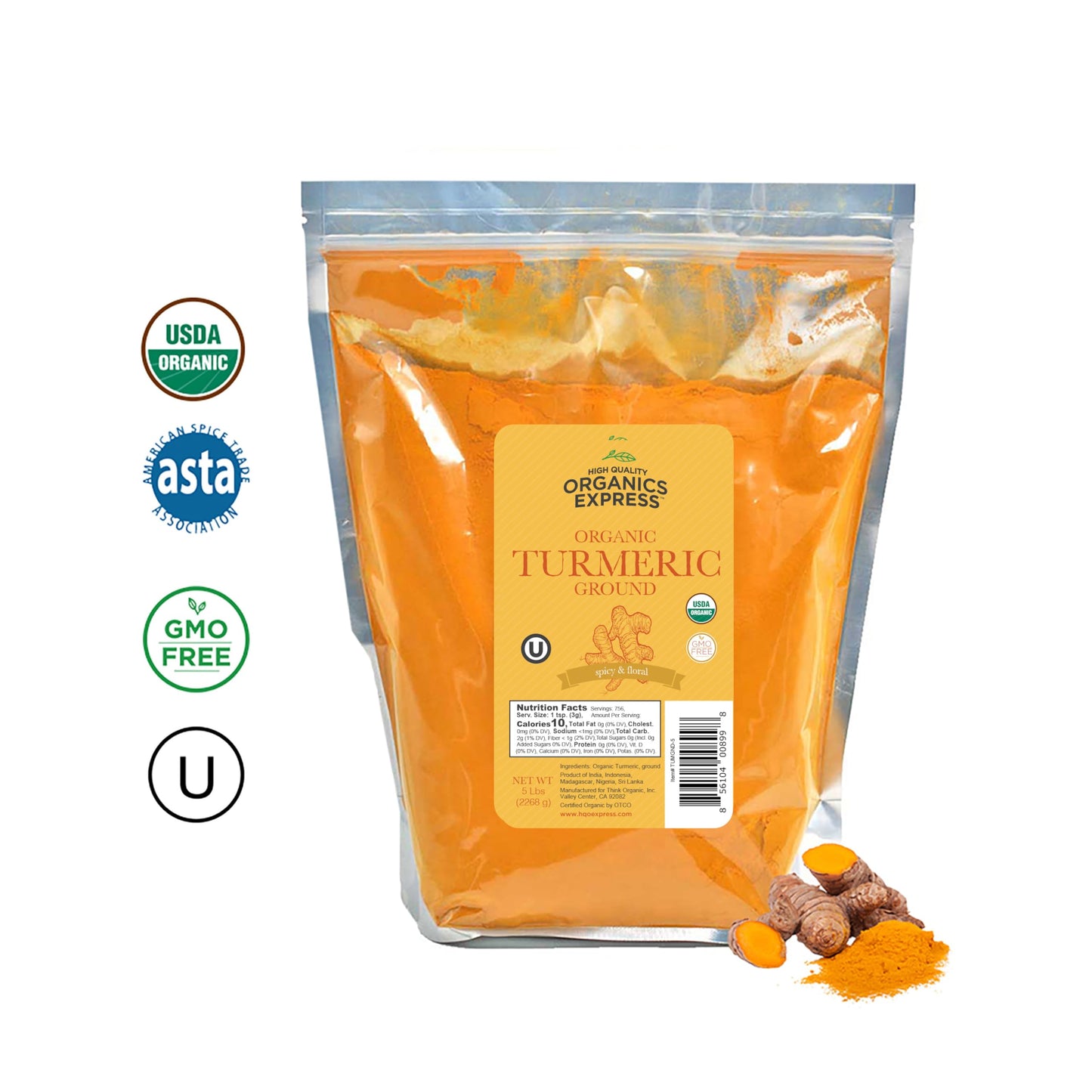 HQOExpress Bulk Organic Ground Turmeric Powder - 5 lb Value Bag (80 oz) USDA Organic | Non-GMO | Kosher | Sustainably Grown | Lab Tested | Legacy
