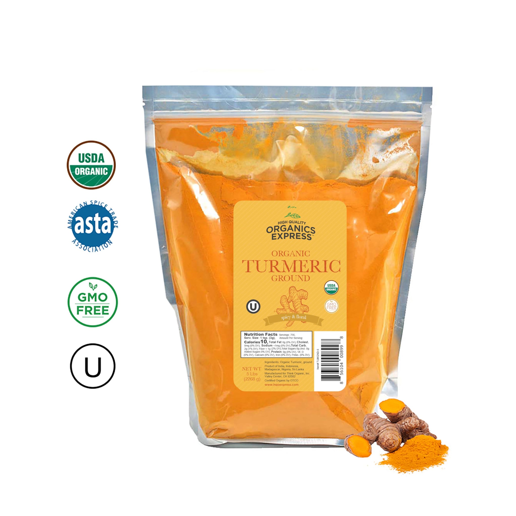 HQOExpress Bulk Organic Ground Turmeric Powder - 5 lb Value Bag (80 oz) USDA Organic | Non-GMO | Kosher | Sustainably Grown | Lab Tested | Legacy