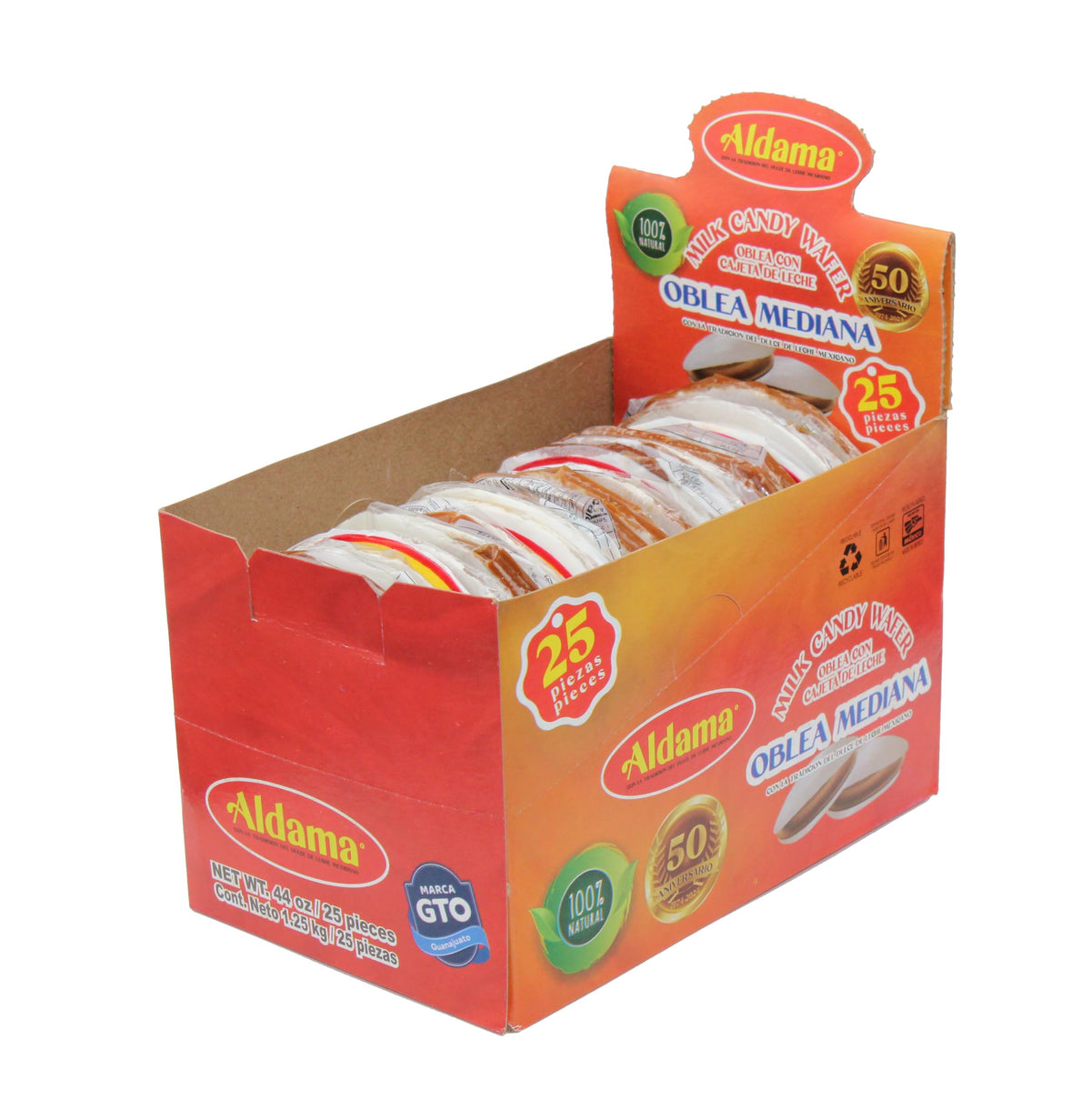 Aldama Milk Candy Wafer, Oblea Mediana with Cajeta de Leche, 100% Natural, 44 oz, 25 Pieces