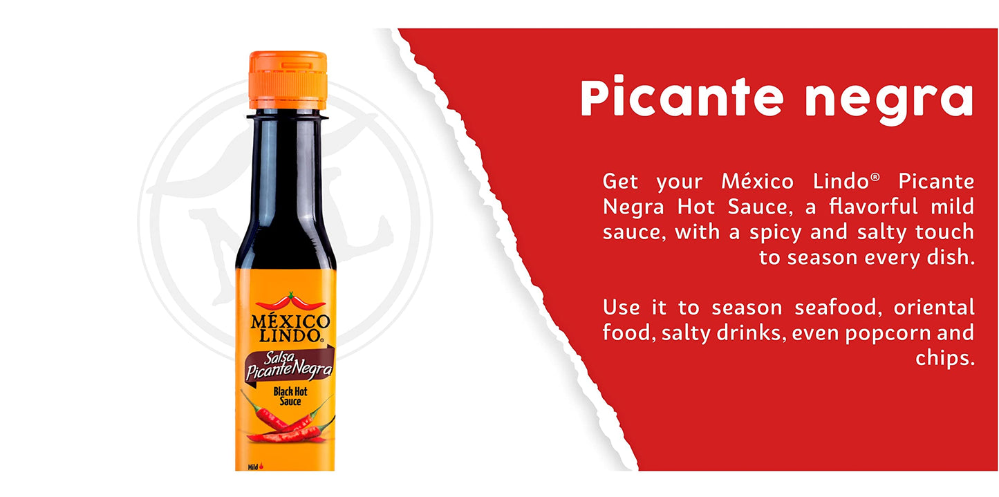 Mexico Lindo Picante Negra Hot Sauce | Light & Spicy | 8,400 Scoville Level | Great with Asian Food, Seafood & Meat | 5 Fl Oz Bottle (Pack of 6)