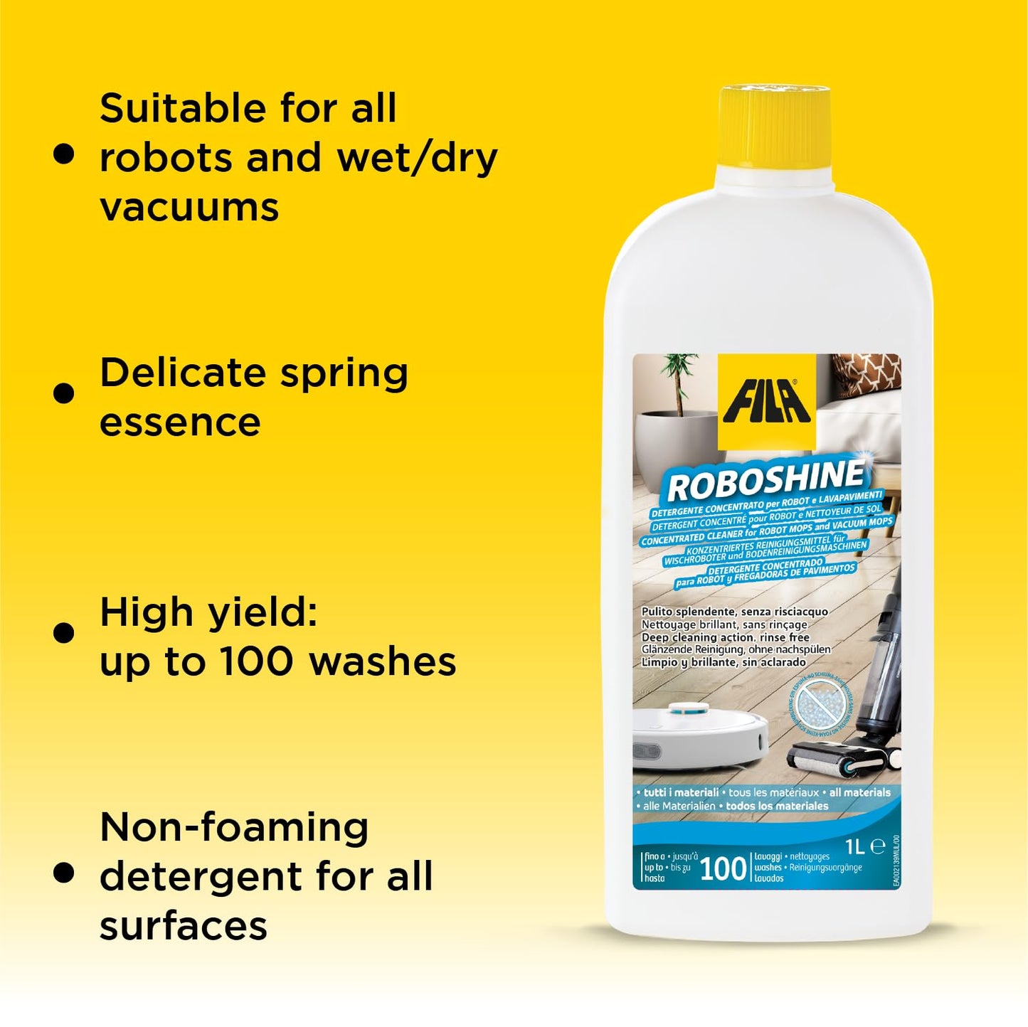 FILA Surface Care Solutions, ROBOSHINE, Detergent for All Robot Vacuum and Mop Combo and Wet Dry Vacuum Cleaner, Up to 100 Washes, Hard Floor Cleaner