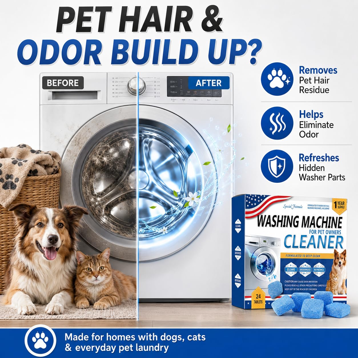 ukiism Washing Machine Cleaner Tablets for Pet Owners, Washer Cleaner for Pet Hair, Dander & Odor, Deep Cleaning Descaler Deodorizer for HE Front Load