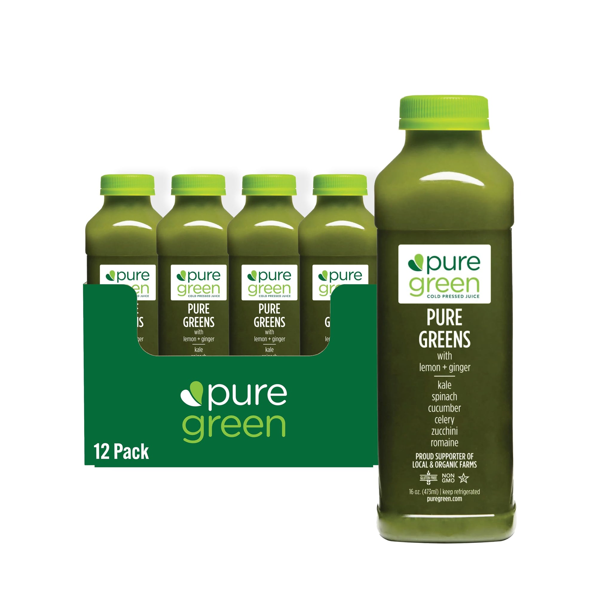 Pure Green Cold Pressed Juice - Pure Greens LG - Fresh Functional Blend with Greens, Lemon, Ginger - Natural, Gluten Free, Non-GMO, No Artificial