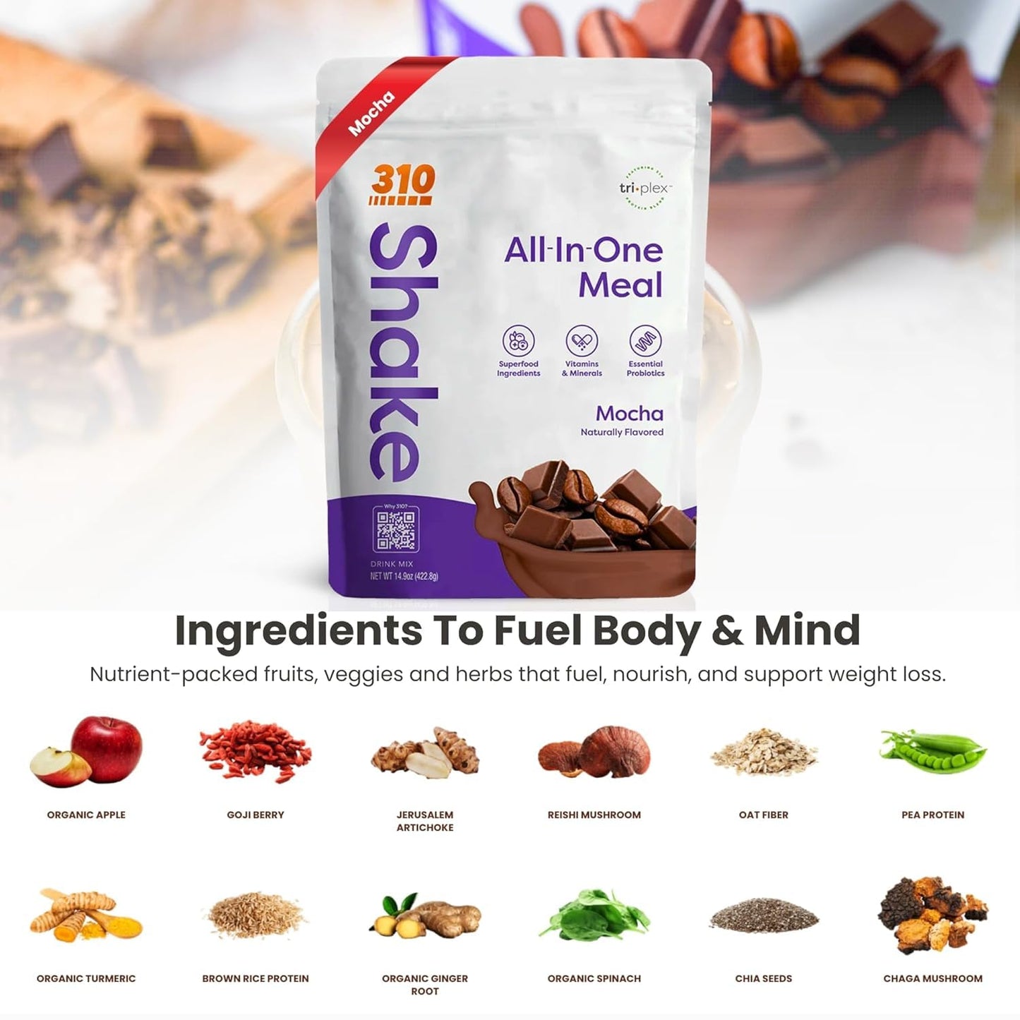 310 Nutrition All-In-One Meal Replacement Shake Powder - Plant-Based Protein Smoothie Blend w/High Fiber, Probiotics & Adaptogens - Low Carb, Vegan