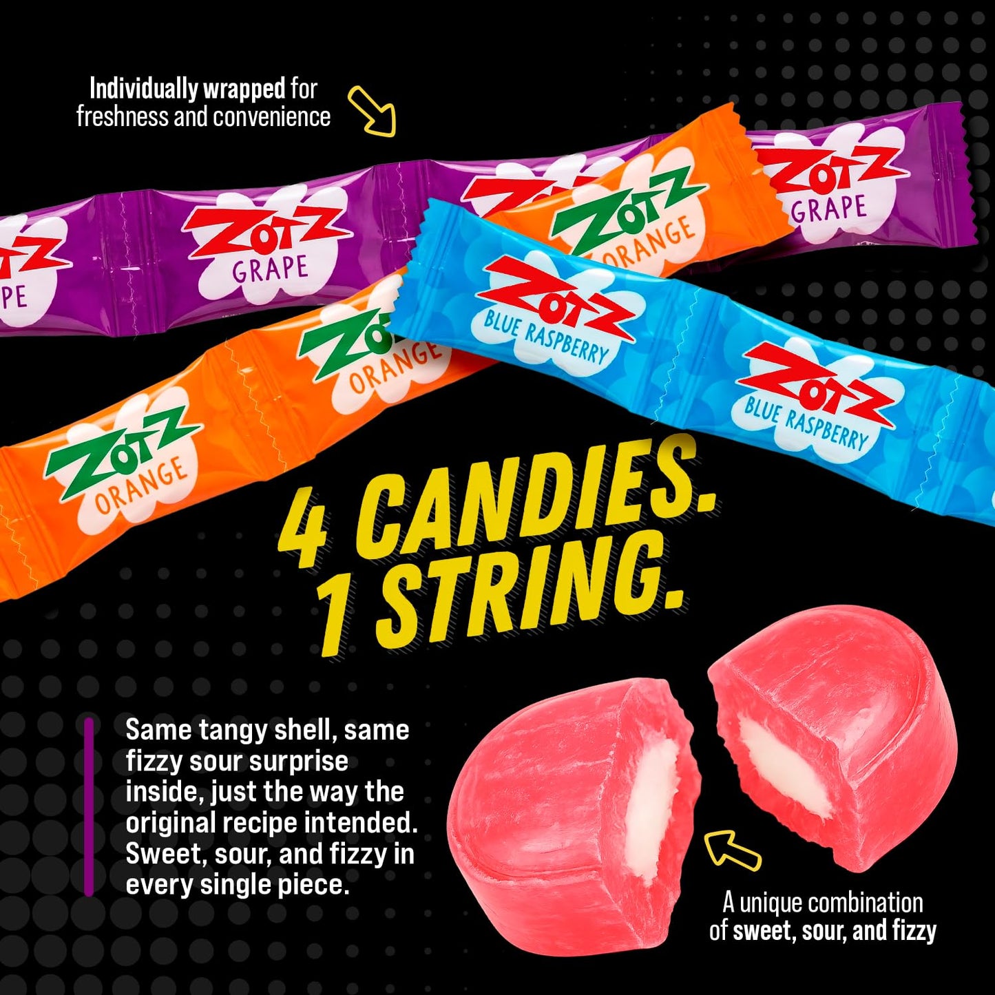 ZOTZ Fizzy Sour Candy Old Fashioned Hard Candy Assorted Fruit Flavored, Blue Raspberry Grape, Individually Wrapped -Filled With A Fizzy Center, From