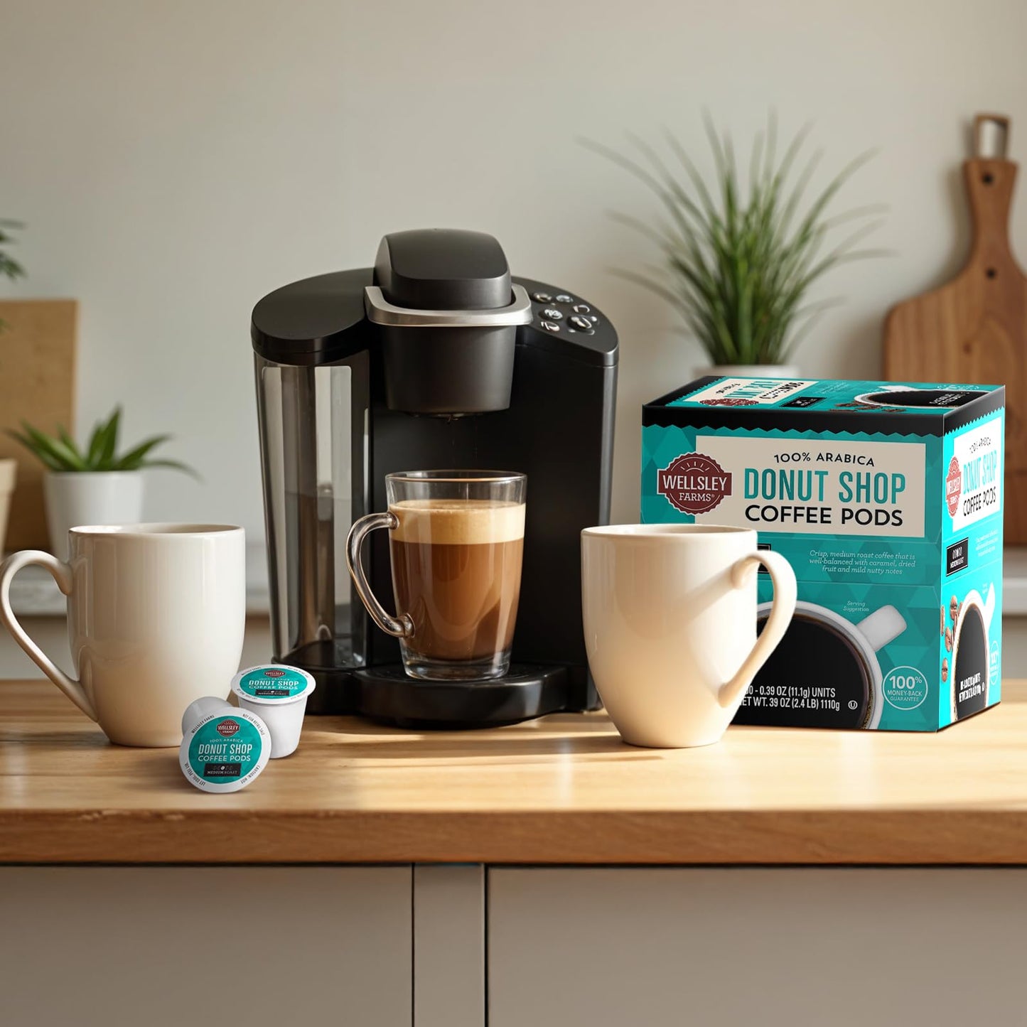 Wellsley Farms Donut Shop Pods | Medium Roast | 100% Arabica | Rich Caramel & Nutty Flavor | Recyclable Single-Serve Pods | Compatible