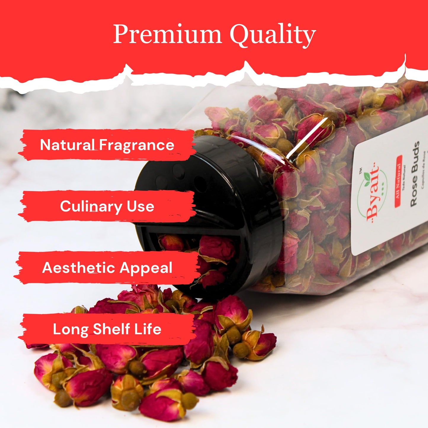 Byait Freeze Dried Rose Buds 5 Oz, Approx. 320 Whole Buds, Natural Edible Culinary Grade, Caffeine-Free Herbal Rose Flower Tea, Great for Beverages