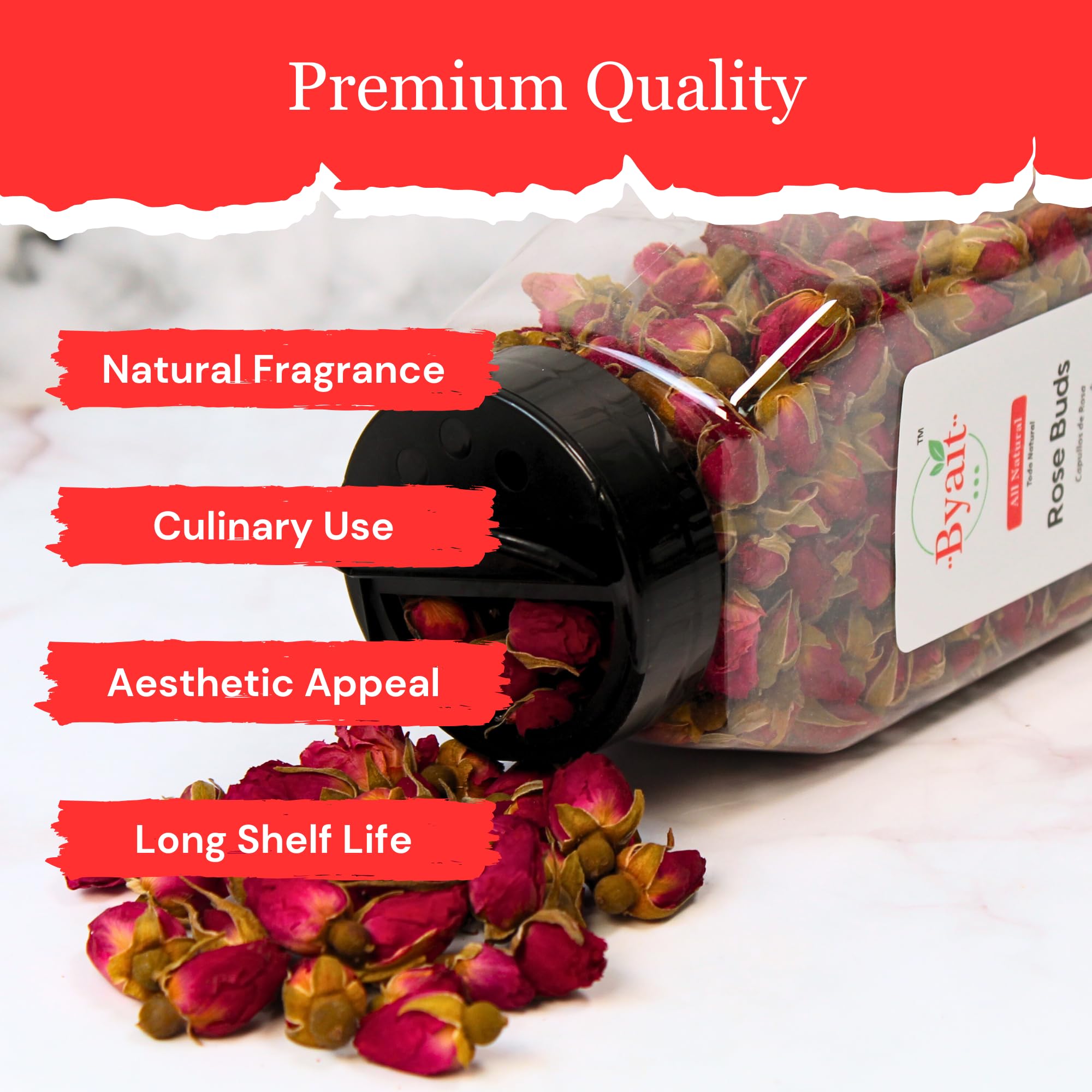 Byait Freeze Dried Rose Buds 5 Oz, Approx. 320 Whole Buds, Natural Edible Culinary Grade, Caffeine-Free Herbal Rose Flower Tea, Great for Beverages