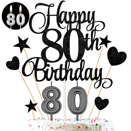 80th Birthday Cake Decorations Set, 80th Birthday Candles Numeral 80 Cake Candles and Happy 80th Birthday Cake Toppers for Party Supplies (Black
