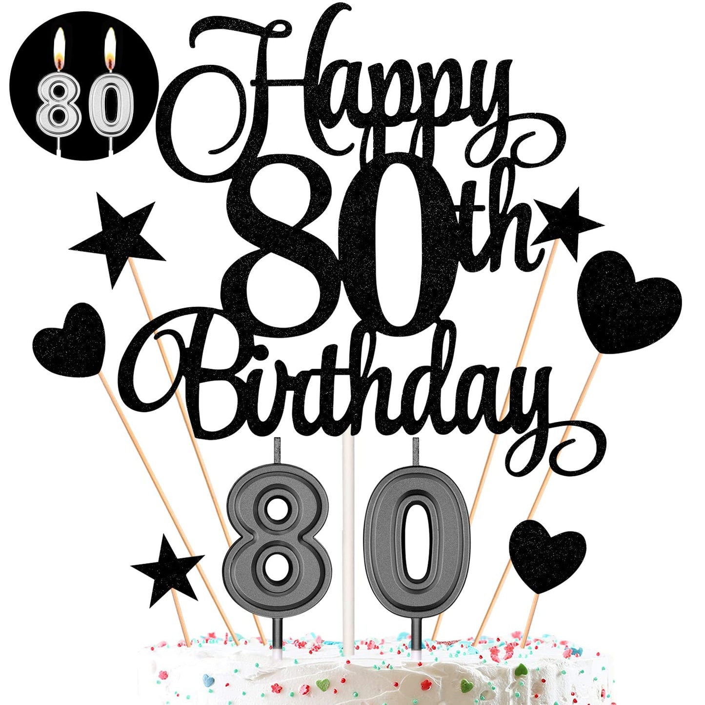 80th Birthday Cake Decorations Set, 80th Birthday Candles Numeral 80 Cake Candles and Happy 80th Birthday Cake Toppers for Party Supplies (Black