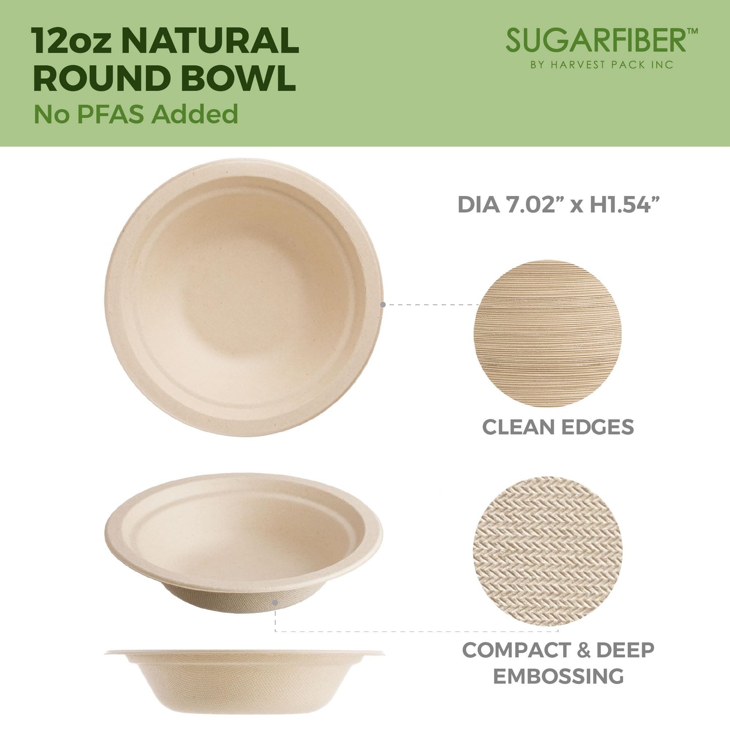 [50 Count]Harvest Pack PFAS Free 12oz Compostable Paper Bowls, Round Heavy-Duty Eco-Friendly Disposable Bagasse Bowls, Biodegradable Sugarcane Natural