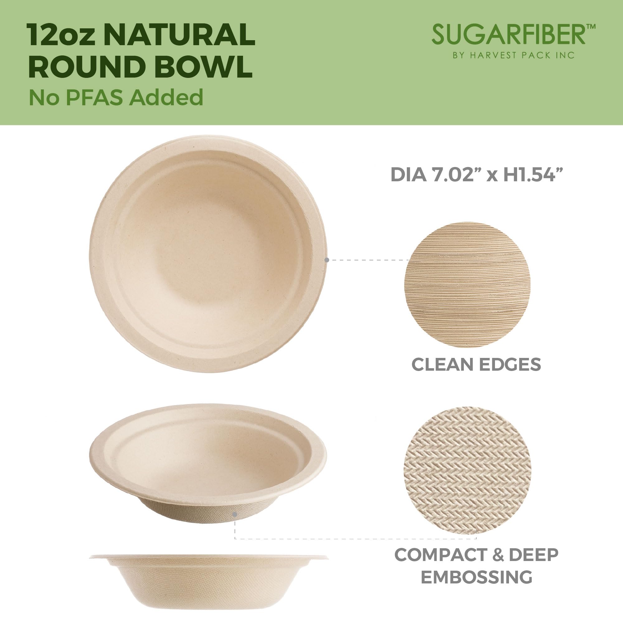 [50 Count]Harvest Pack PFAS Free 12oz Compostable Paper Bowls, Round Heavy-Duty Eco-Friendly Disposable Bagasse Bowls, Biodegradable Sugarcane Natural