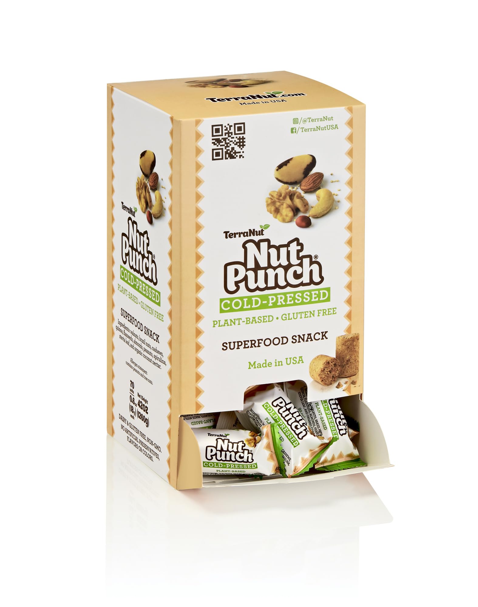 TerraNut Nut Punch Superfood Power Snack - Cold Pressed - Plant Based - Gluten Free- Superfood Snack - Dispenser Box - Mix Nuts 70 Count