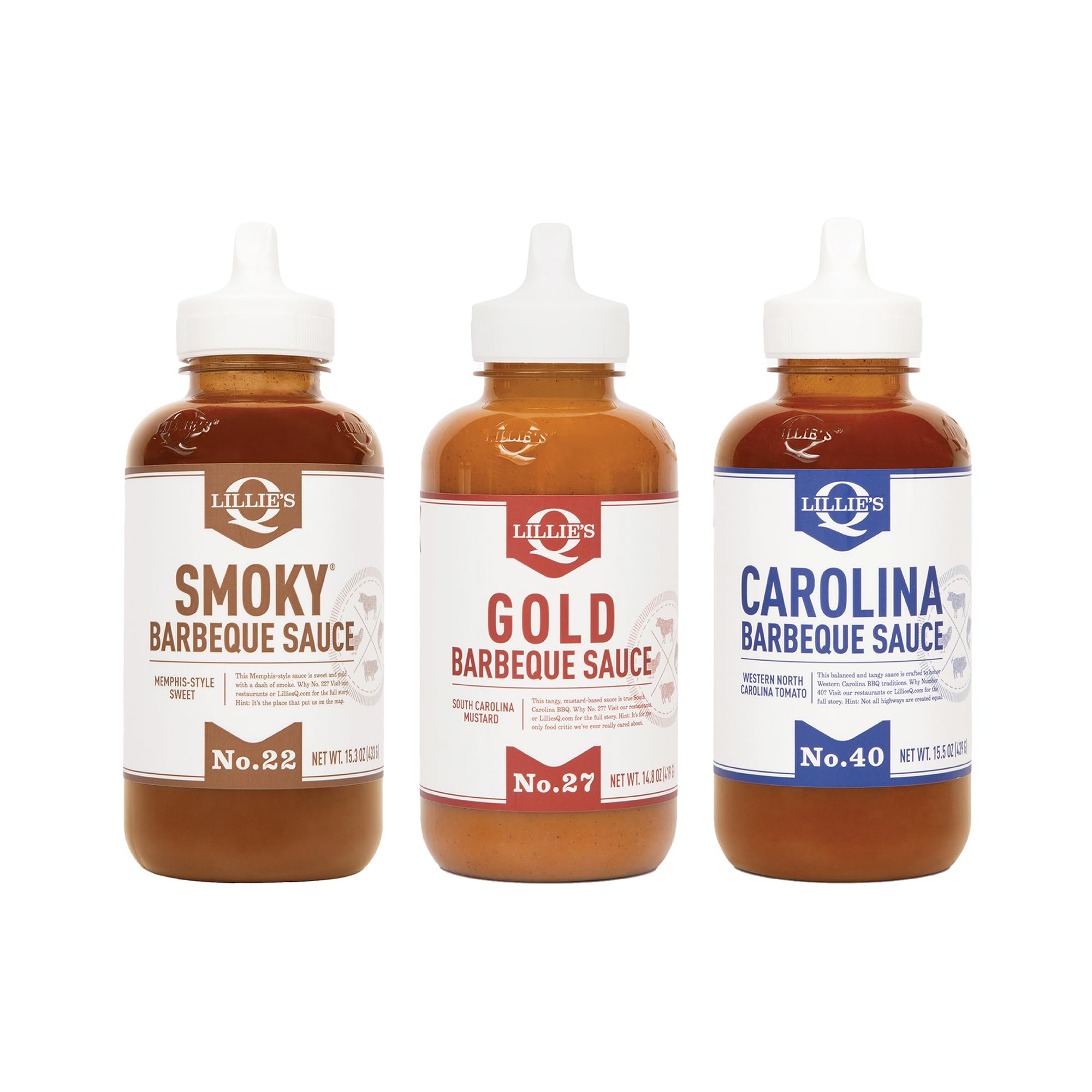 Lillie's Q - Smoky (15.3oz), Gold (14.8oz) & Carolina BBQ (15.5oz) Sauce Combo, Gourmet Mustard, Sweet & Vinegar Based BBQ (3-pack)