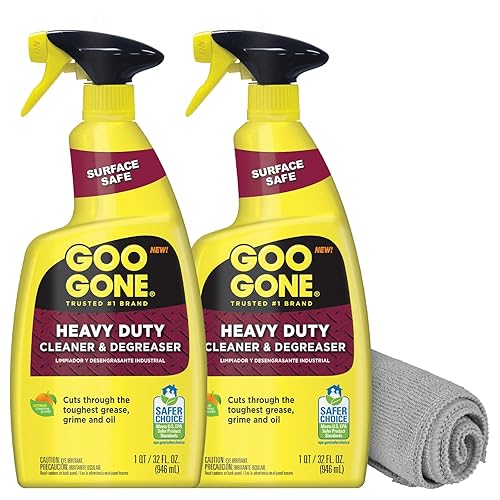 Goo Gone Heavy Duty Cleaner & Degreaser Spray With Microfiber Cleaning Towel - Cuts Through Tough Grease, Oil & Grime - 32 Oz (2 Pack + Towel)