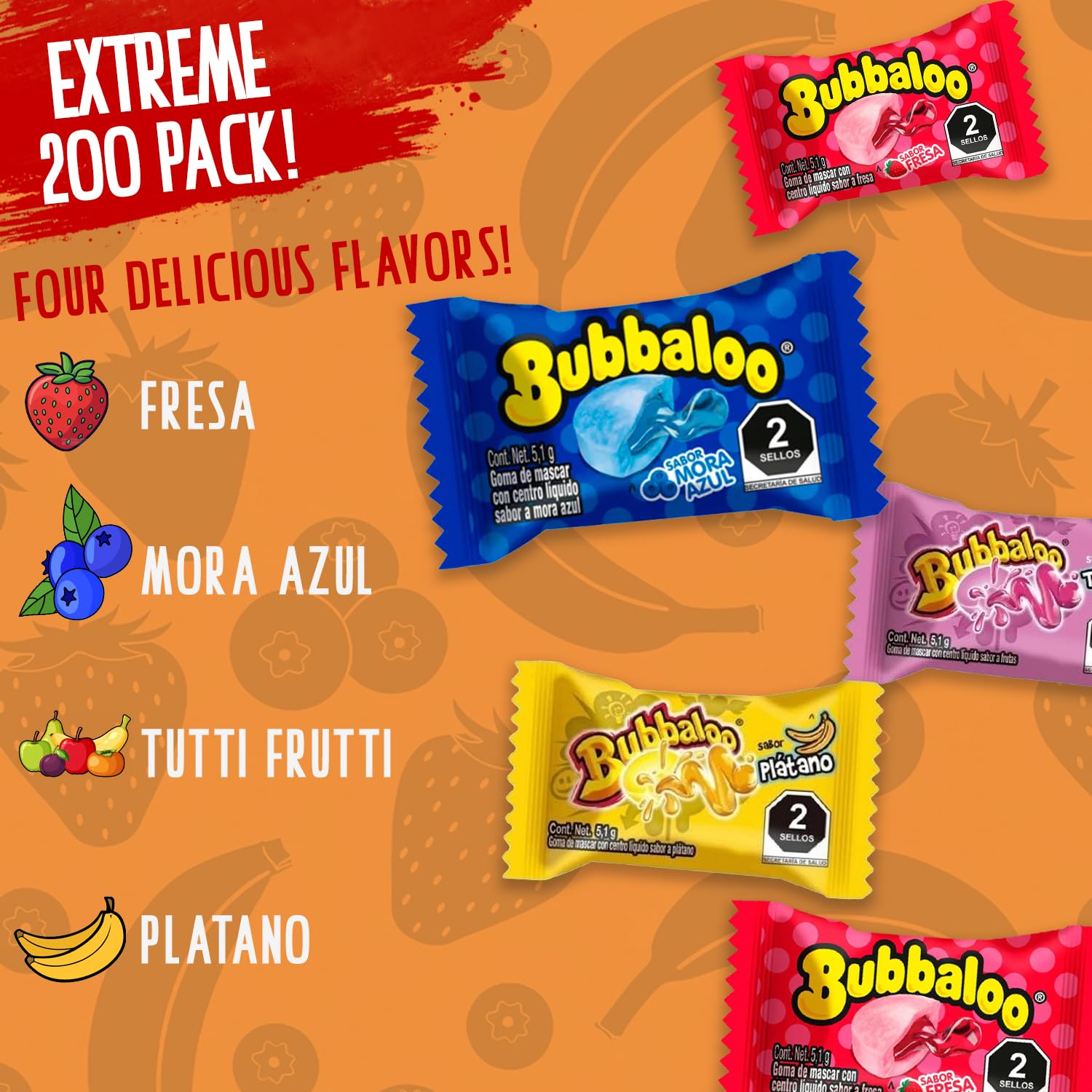 Bubbaloo Bubble Gum Mexican Chewing Gum Assortment | 200 Count Variety Bulk Pack | Strawberry, Banana, Tutti Frutti & Blueberry Juicy Center Bubble