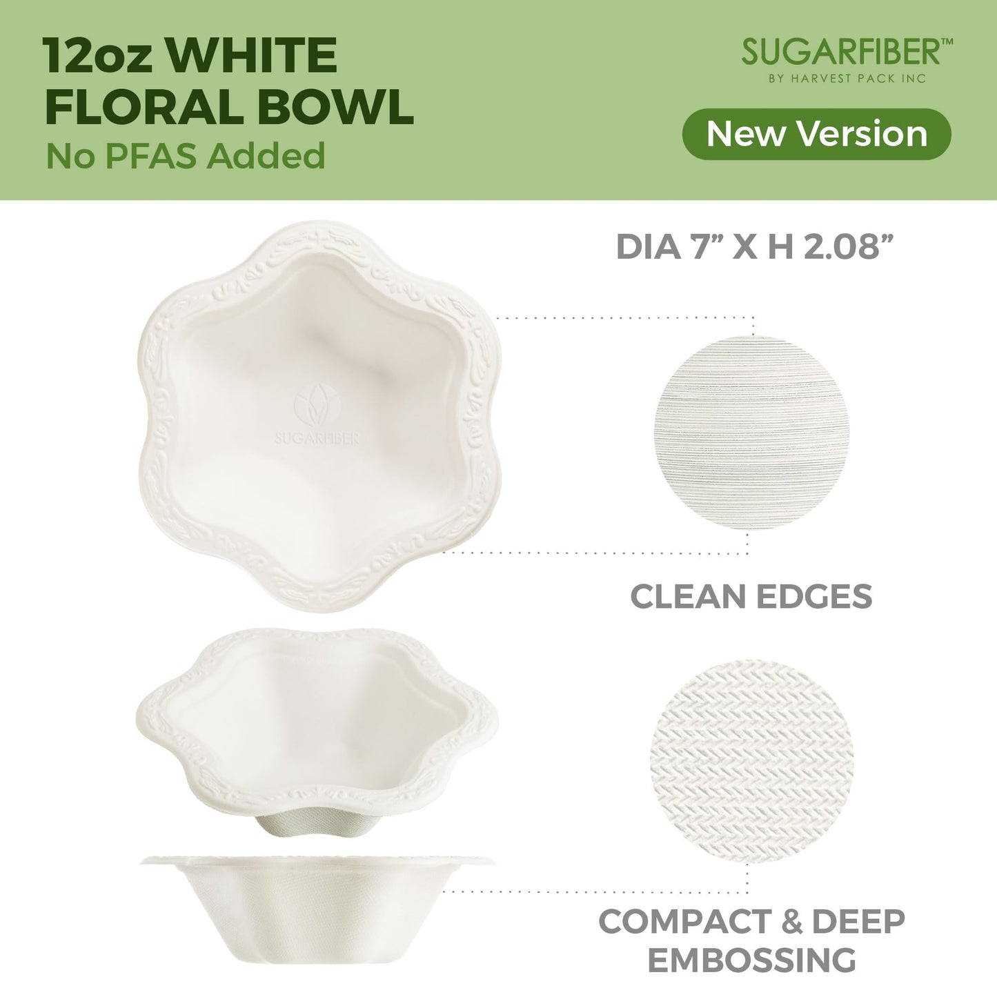 [50 COUNT]12oz Compostable Floral White Paper Bowls, Scalloped Party Bowls, Eco Friendly Plastic-Free ice cream Bowl, Acanthus Natural Sugarcane