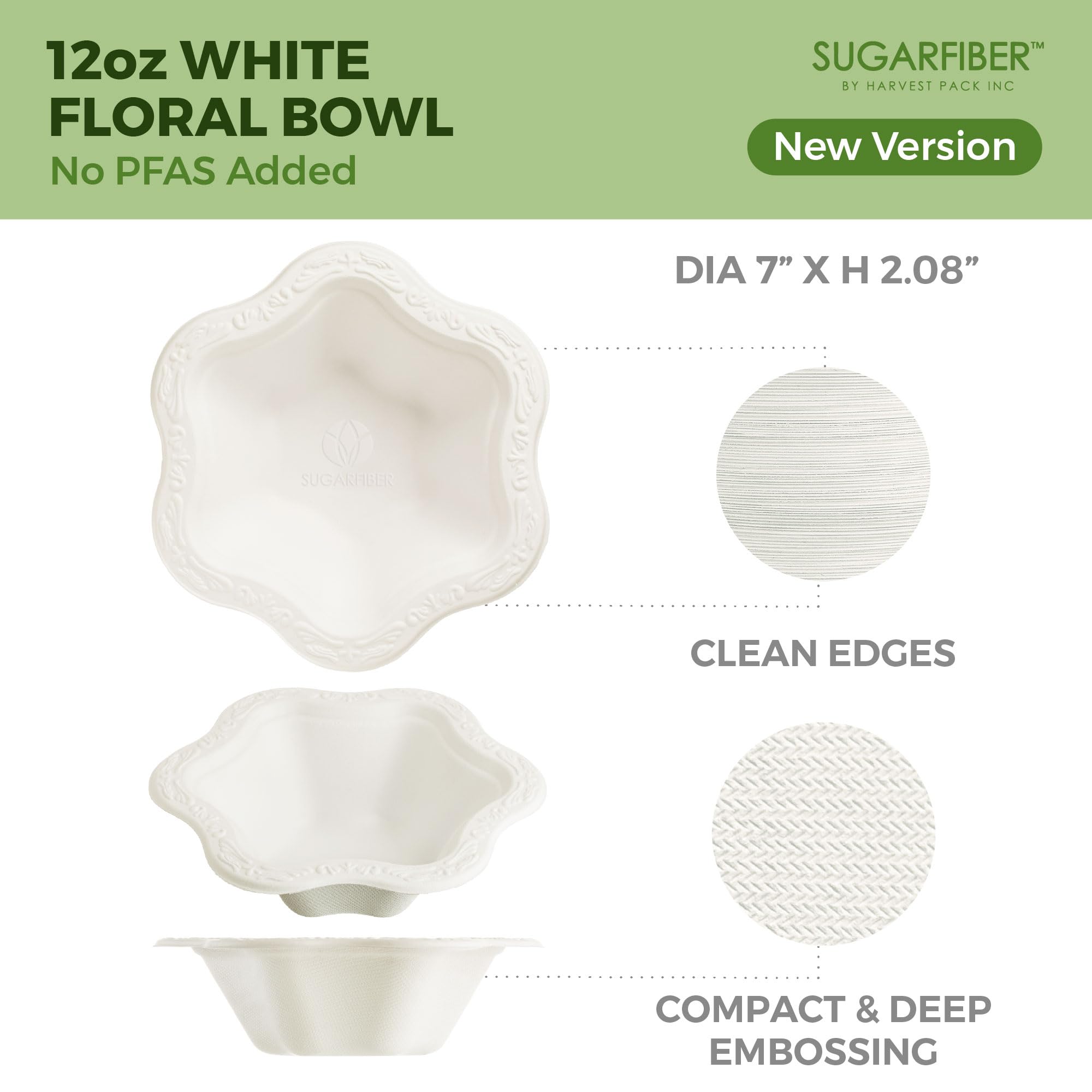 [50 COUNT]12oz Compostable Floral White Paper Bowls, Scalloped Party Bowls, Eco Friendly Plastic-Free ice cream Bowl, Acanthus Natural Sugarcane