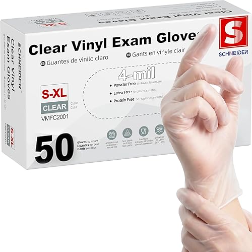 Schneider Clear Vinyl Exam Gloves, 4-mil, Small 50-ct Box, Latex-Free, Disposable Gloves, Medical Gloves, Cleaning Gloves, Food Prep Gloves, Food Safe