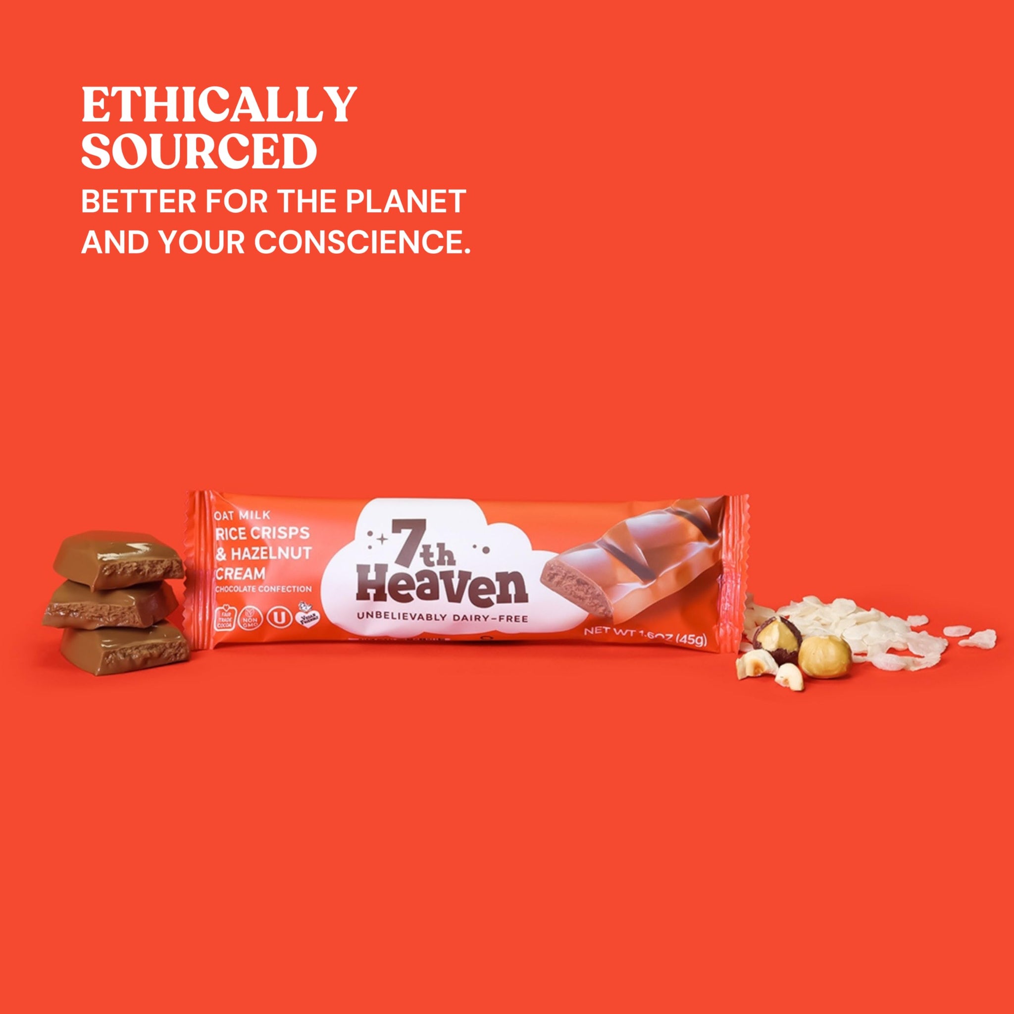 7th Heaven, Vegan Oat Milk Chocolate Snack Bars: Rice Crisps and Hazelnut Cream - (1.6 oz - 6 Pack), Healthy Chocolate, Perfect Valentines Gift