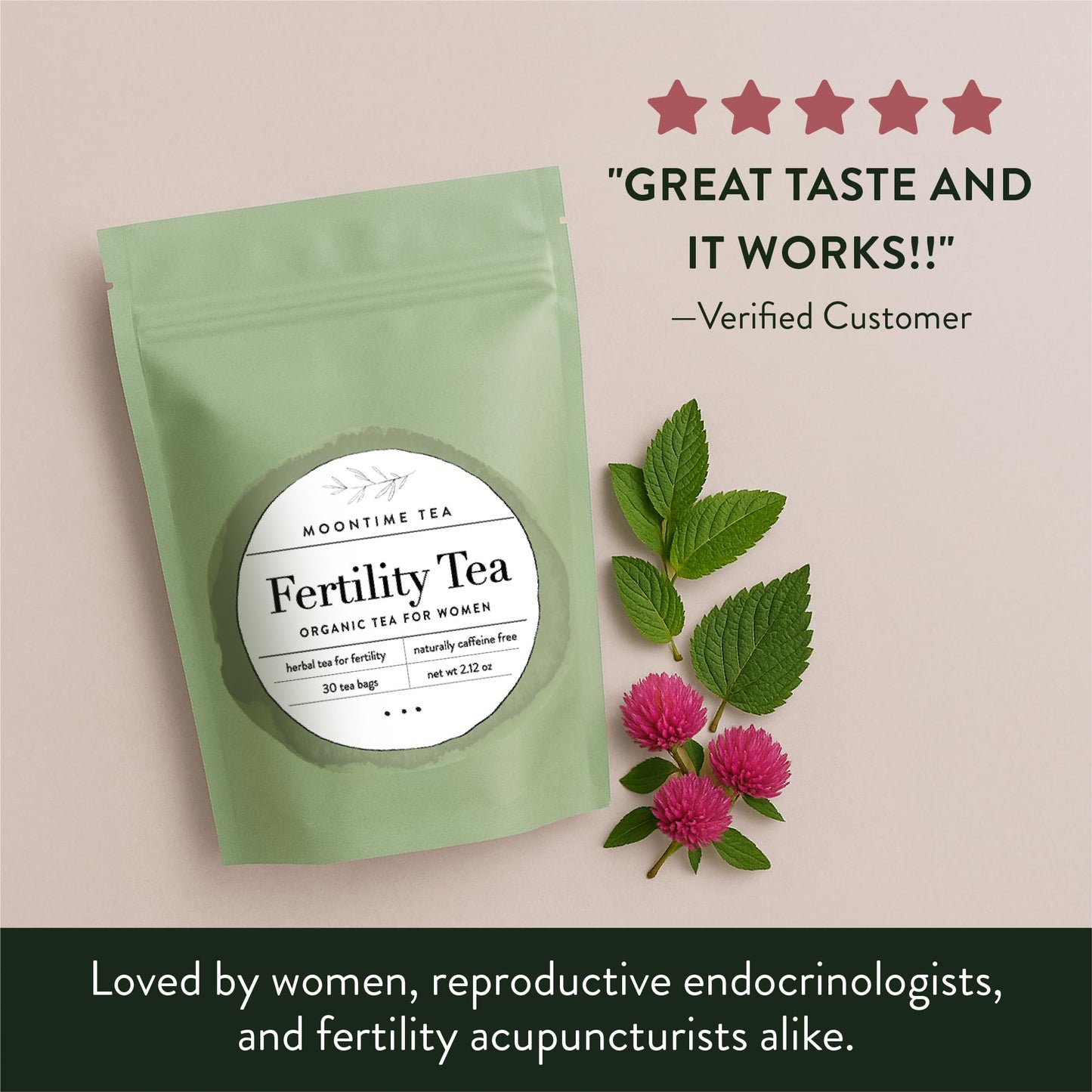 Moontime Tea Organic Fertility Tea for Women TTC | Red Raspberry Leaf, Nettle, Red Clover & Peppermint | Preconception Wellness | USDA Certified | 30