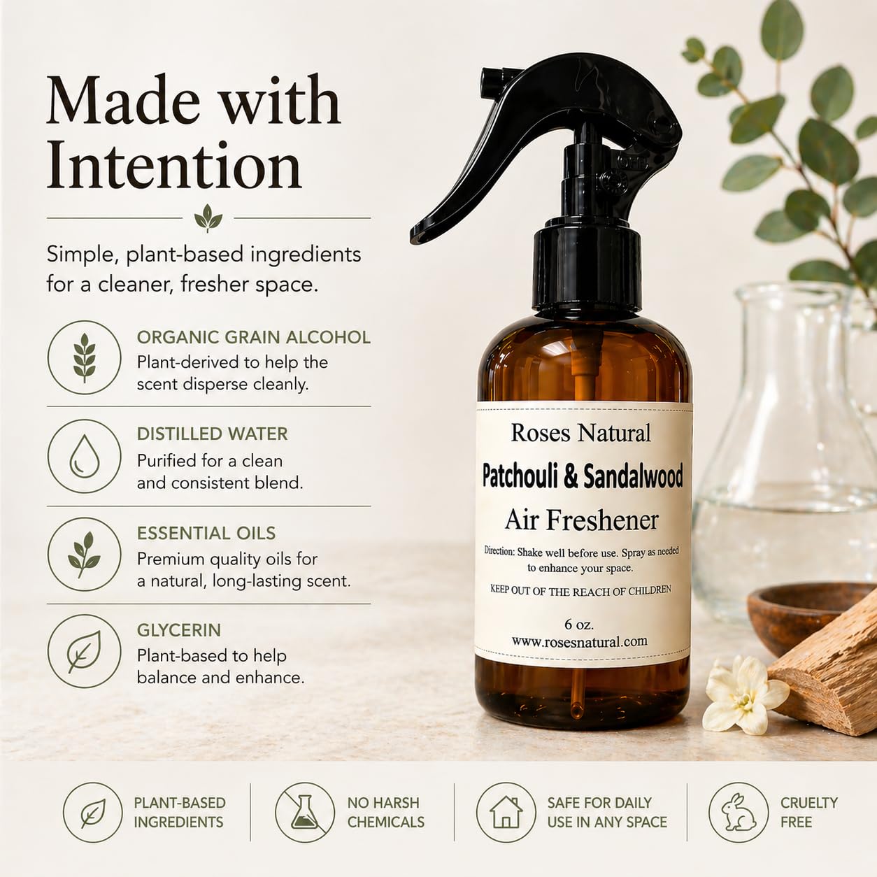 Roses Natural Patchouli & Sandalwood Air Freshener, 6 oz - Essential Oil Room & Linen Spray, Warm Musky Woody Scent, Long-Lasting Home Fragrance, Made