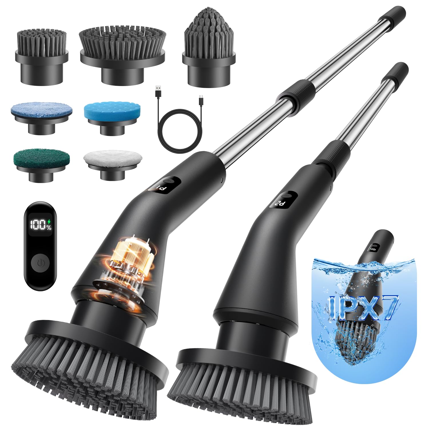 Leebein Electric Spin Scrubber, Cordless Cleaning Brush for Bathroom Shower Tub, IPX7 Waterproof Power Scrubber with 7 Brush Heads, Extendable Long
