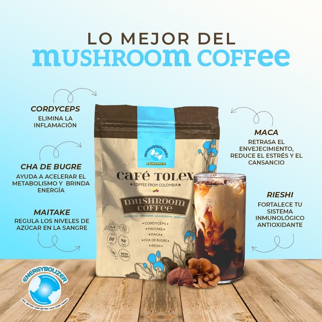 Energybolizer Café Tolex |Instant Columbian Brew Coffee with Added Mushrooms, Maca, Kola Nut, Guarana, and Yerba Mate