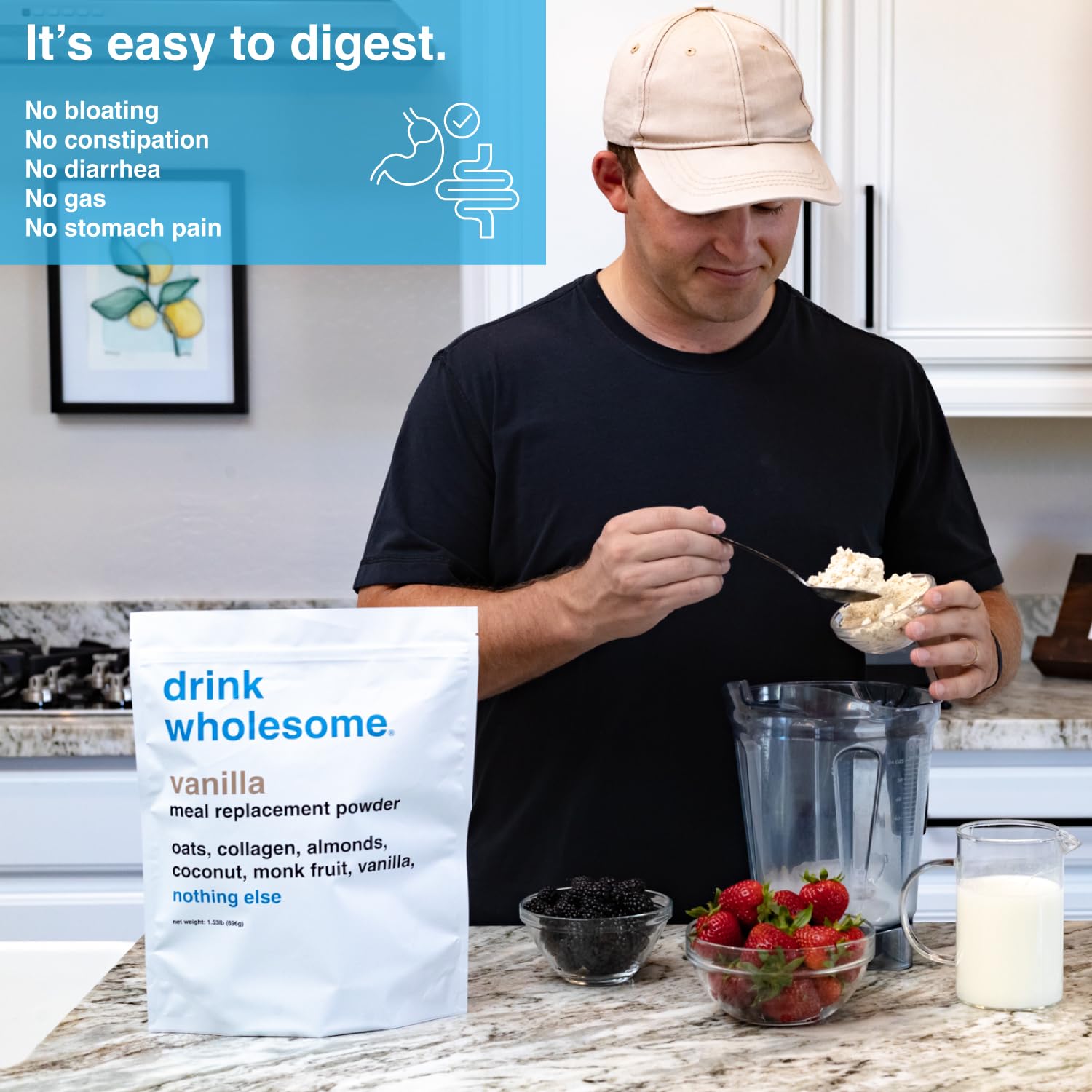 Drink Wholesome Vanilla Meal Replacement Powder for Sensitive Stomachs | Minimally-Processed, Whole-Food Meal | Additive-Free, Dairy-Free, Gluten-Free