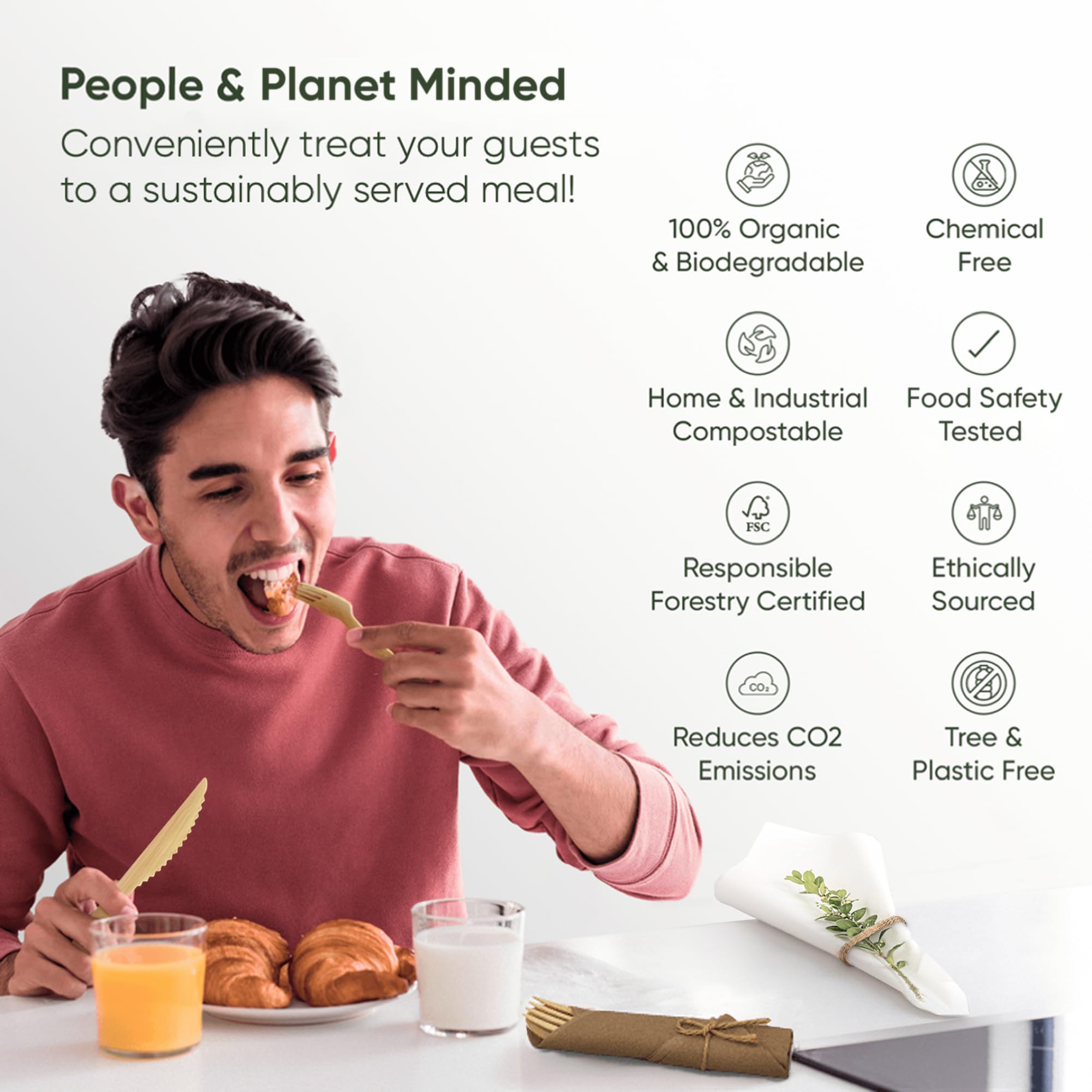 EcoPreps Premium Pre Rolled Brown Paper Napkin and Bamboo Cutlery Set (50 Pack, 200 PCS) 100% Biodegradable, Disposable Wrapped Disposable Silverware