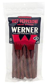 Werner Hot Pepperoni Meat Sticks - 14 Count (9") Bulk Spicy Meat Sticks, 10 Ounce Resealable Bag