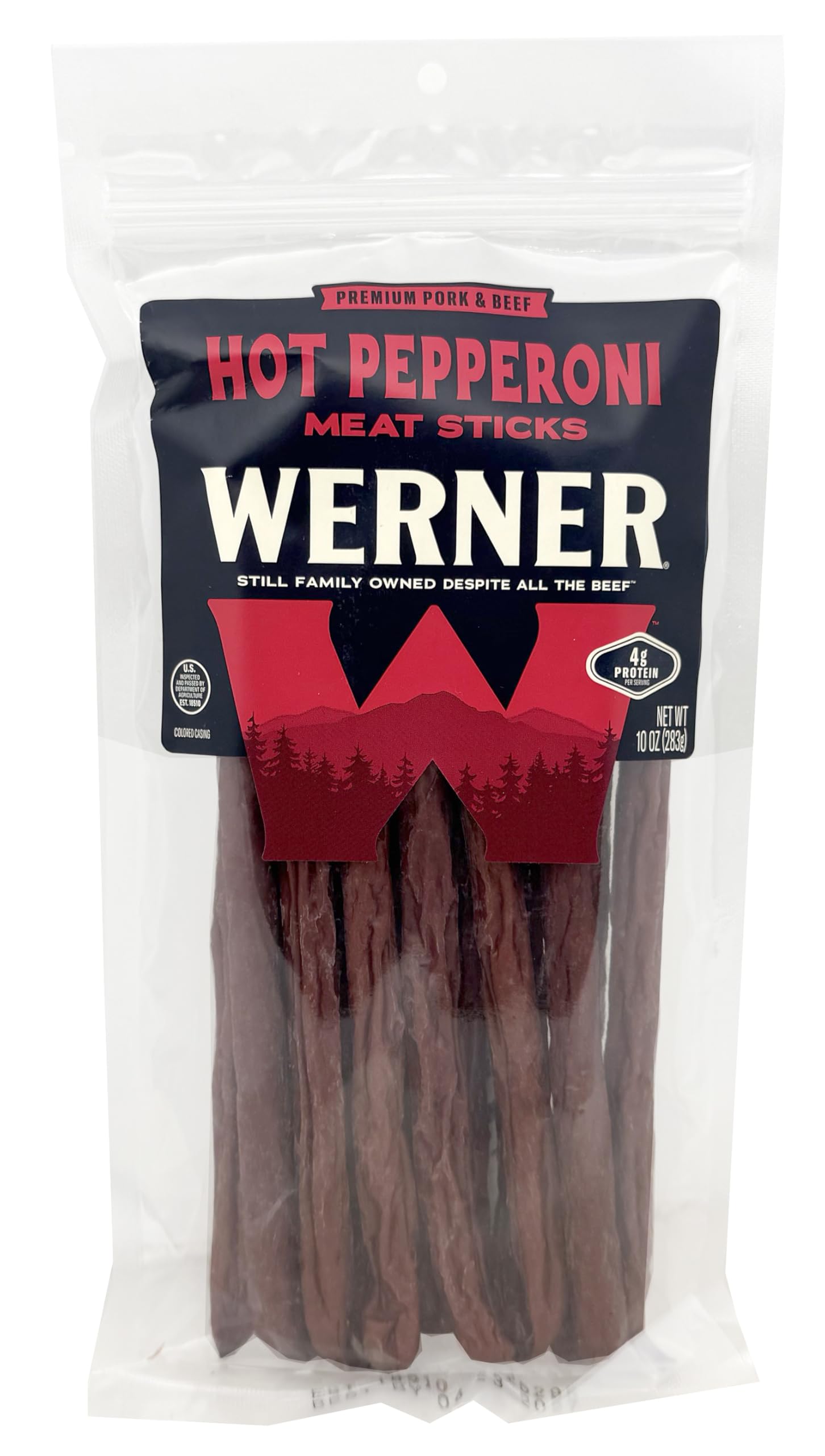 Werner Hot Pepperoni Meat Sticks - 14 Count (9") Bulk Spicy Meat Sticks, 10 Ounce Resealable Bag