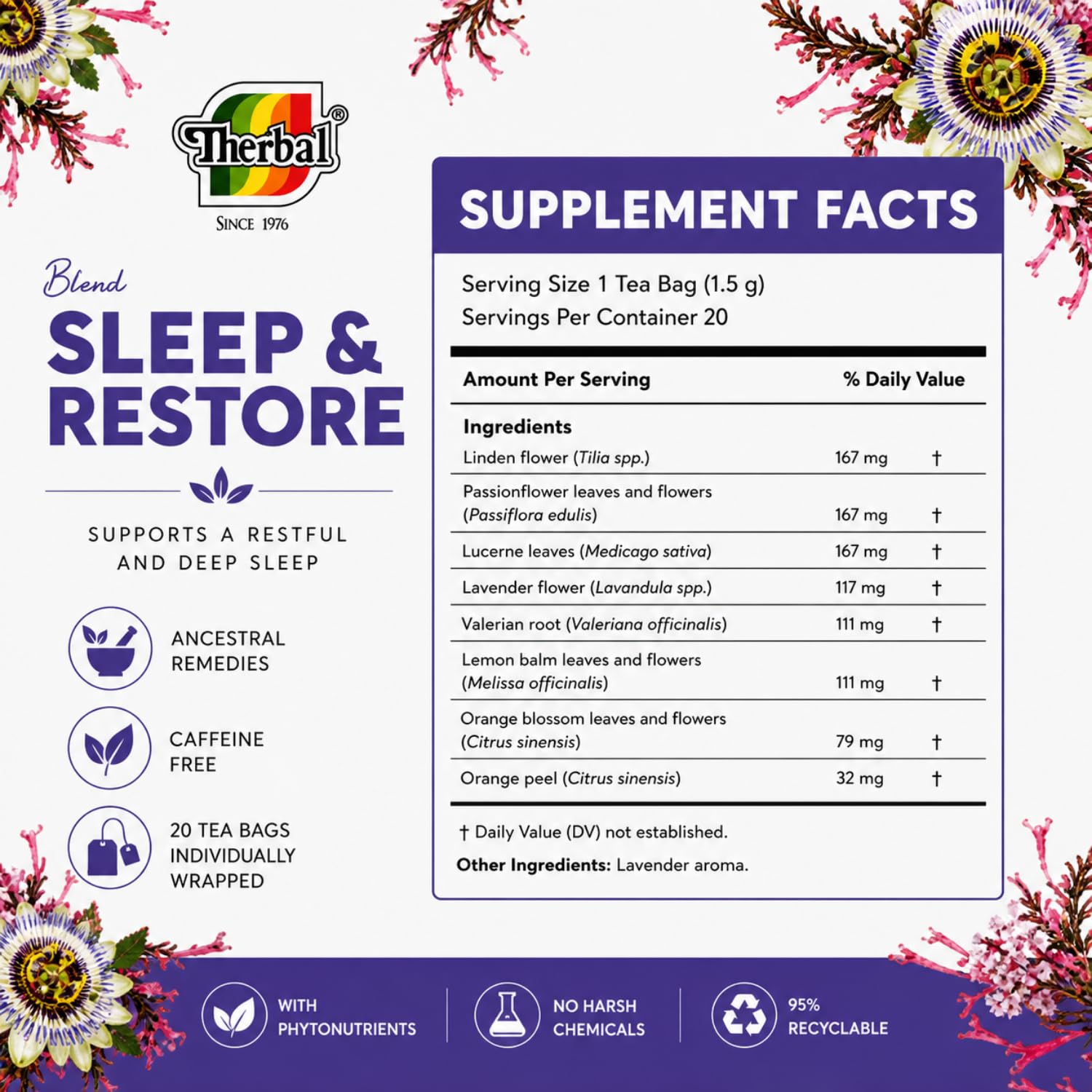 Tila, Valerian, Orange Blossom & Alfalfa Tea - Natural Sleep Aid & Relaxation - 20 Tea Bags - Dormir Bien