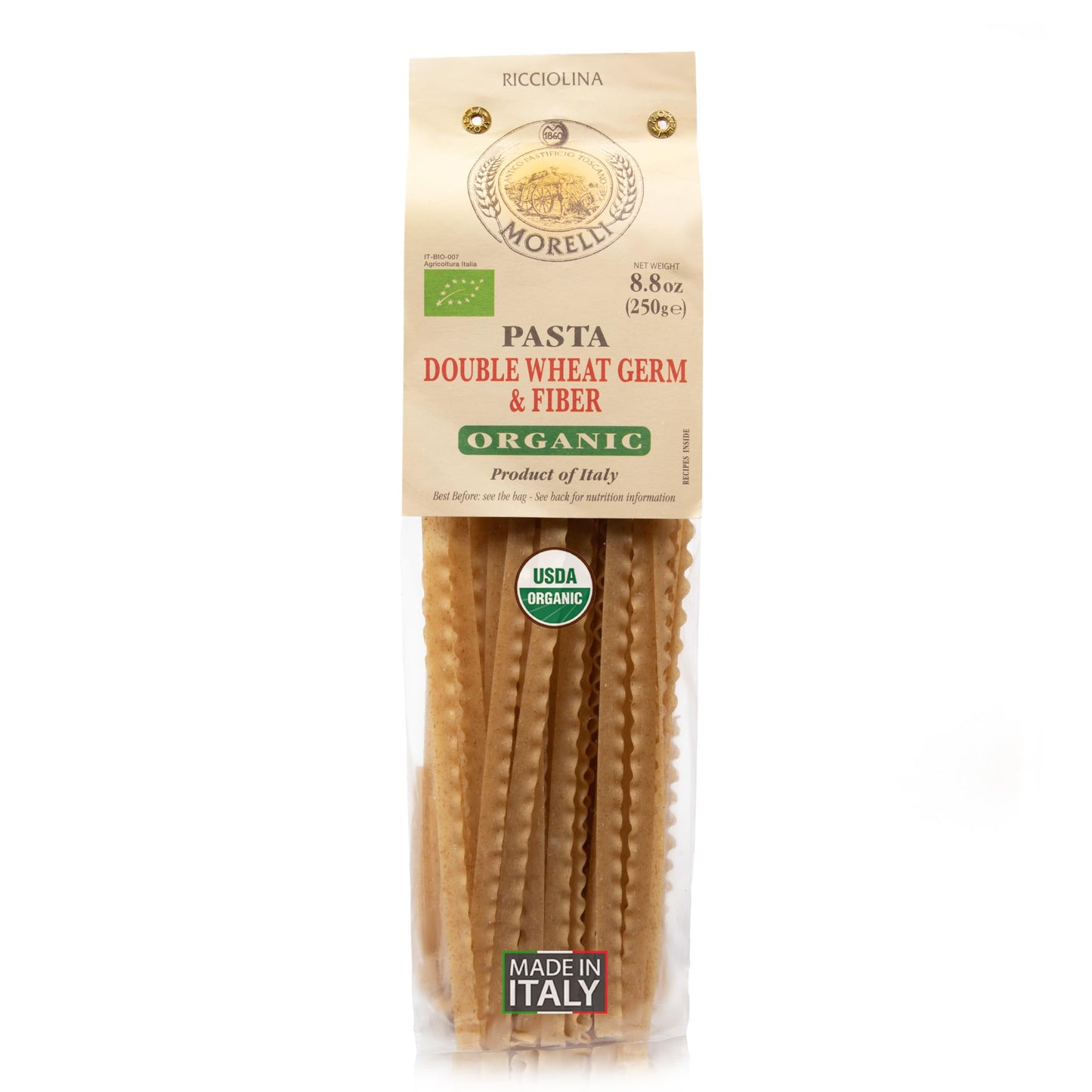 Morelli Mafalda Pasta, High Fiber Mafaldine Pasta, Imported from Italy (Ricciolina, Reginette with Bran and Double Wheat Germ) - 8.8 oz / 250 g