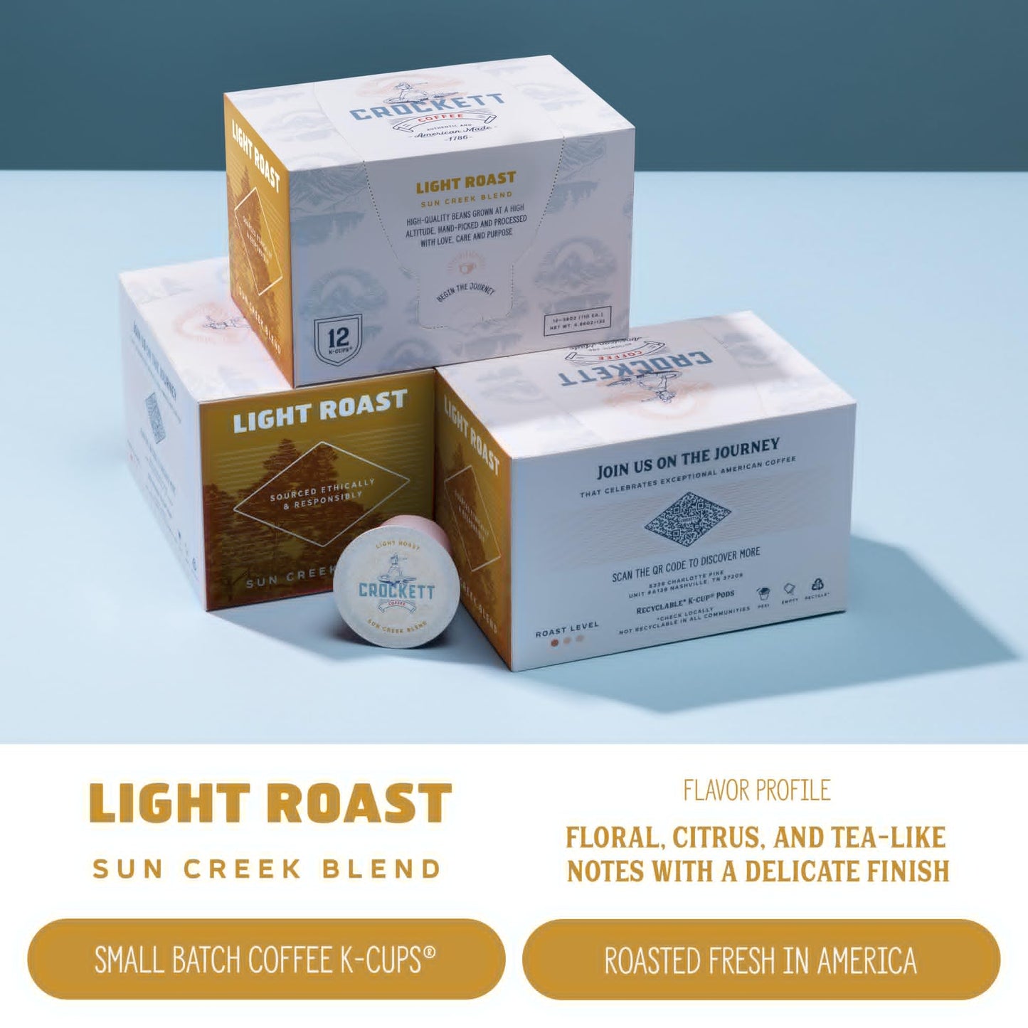 Crockett K Cups Coffee - Smooth Light Roast Coffee Pods with Bright Flavor, Clean Finish & Subtle Citrus Notes - Convenient Single Serve for Daily