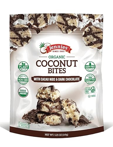 Jennies Organic Coconut Bites with Cacao Nibs and Dark Chocolate, 5.25oz (6 Pack) | Gluten Free | Peanut Free | Dairy Free | Non GMO