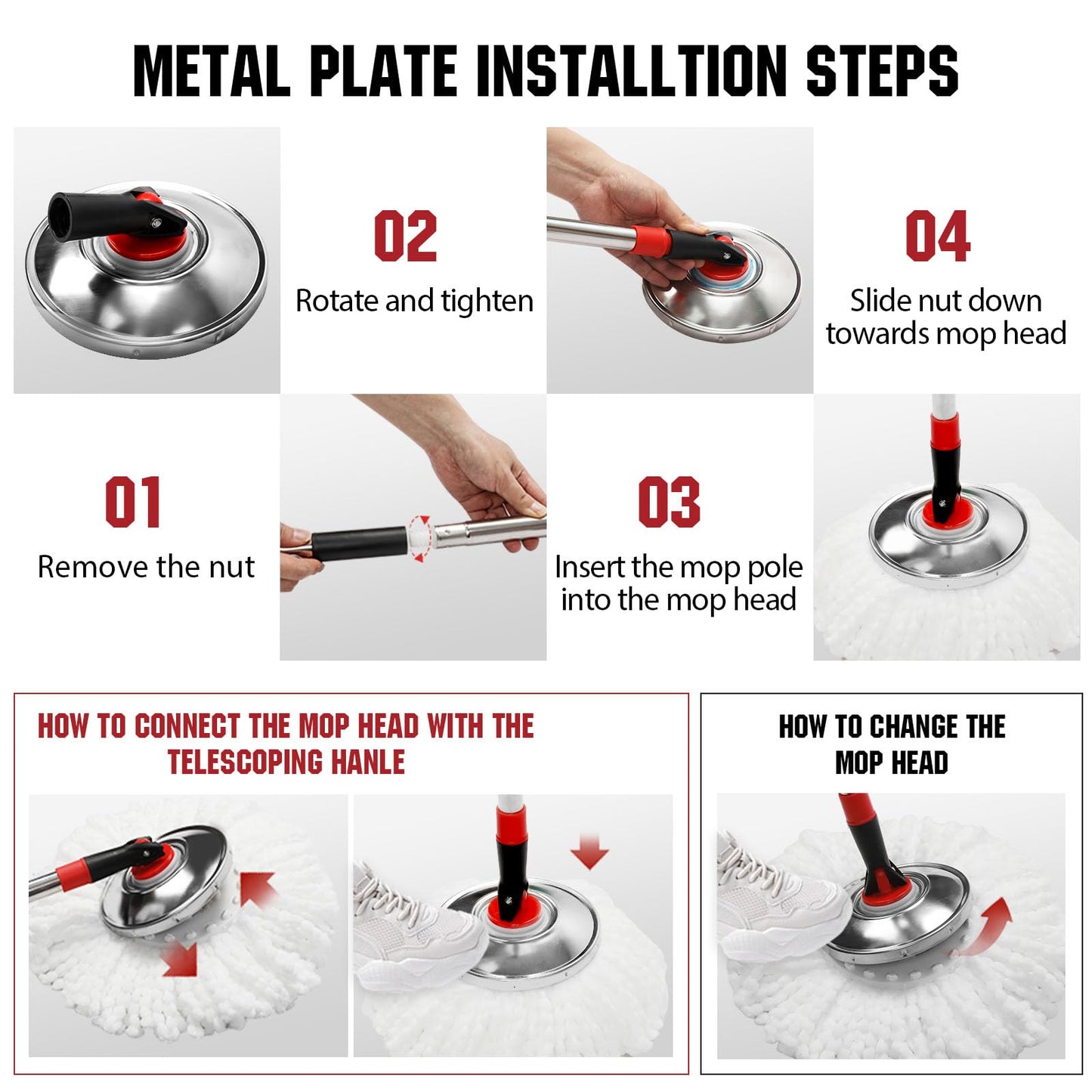 Spin Mop and Bucket with Wringer Set, 360° Spinning Mop Bucket System with 3 Microfiber Mop Replacement Heads and 51" Stainless Steel Adjustable