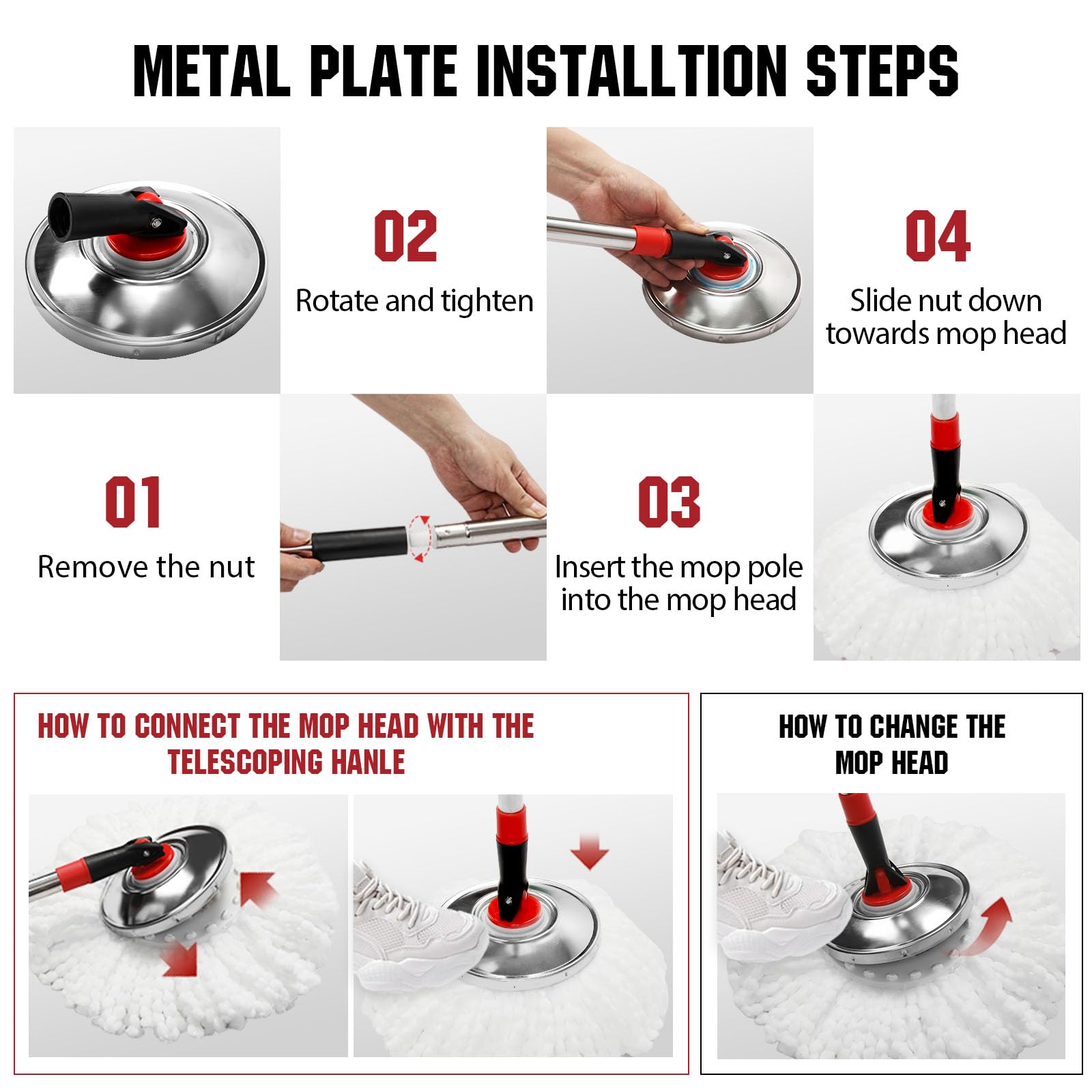 Spin Mop and Bucket with Wringer Set, 360° Spinning Mop Bucket System with 3 Microfiber Mop Replacement Heads and 51" Stainless Steel Adjustable