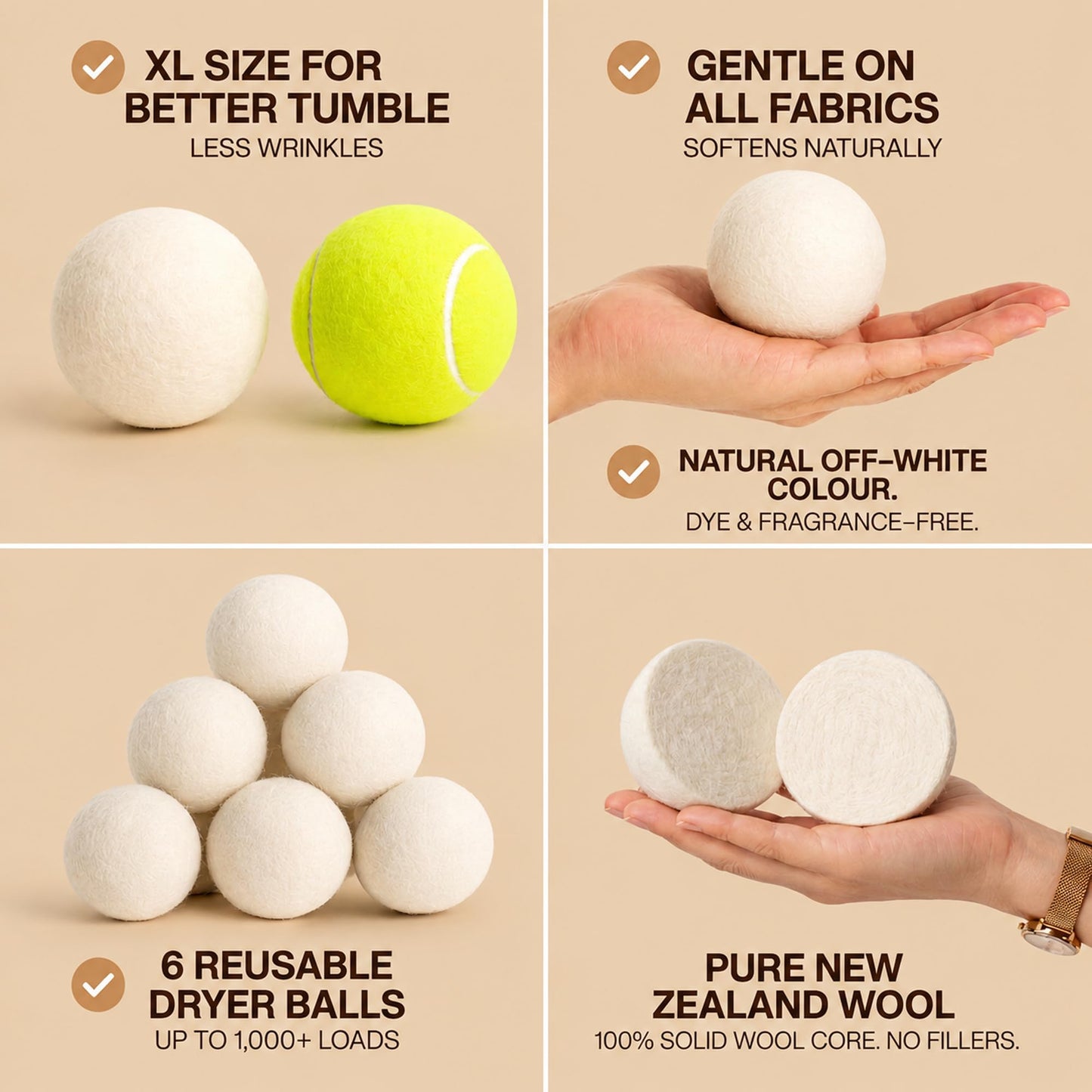 NordVale Wool Dryer Balls, 6 Pack XL Premium 100% New Zealand Wool, Reusable Natural Fabric Softener for 1300+ Loads, Helps Reduce Drying Time, Static