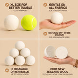 NordVale Wool Dryer Balls, 6 Pack XL Premium 100% New Zealand Wool, Reusable Natural Fabric Softener for 1300+ Loads, Helps Reduce Drying Time, Static