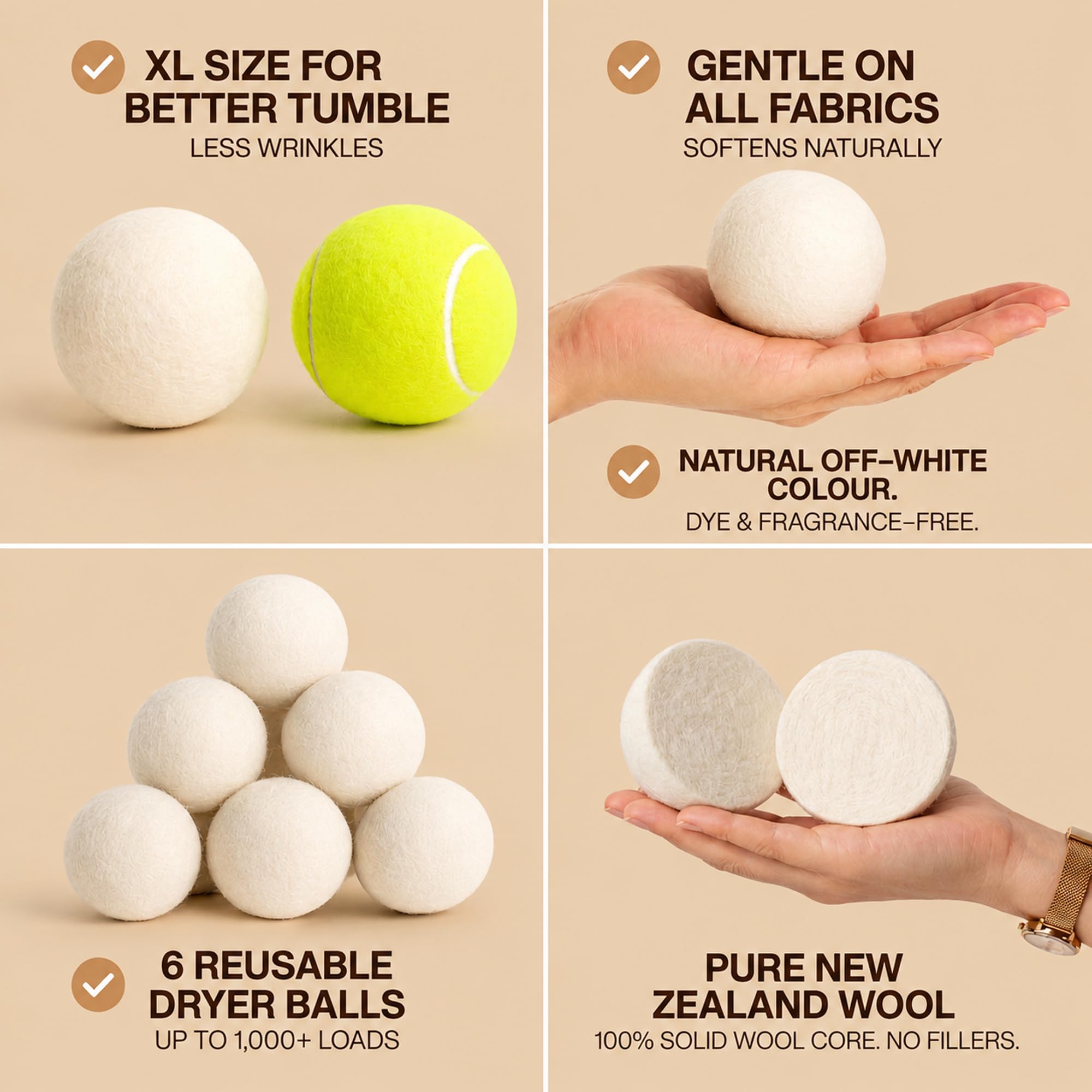 NordVale Wool Dryer Balls, 6 Pack XL Premium 100% New Zealand Wool, Reusable Natural Fabric Softener for 1300+ Loads, Helps Reduce Drying Time, Static